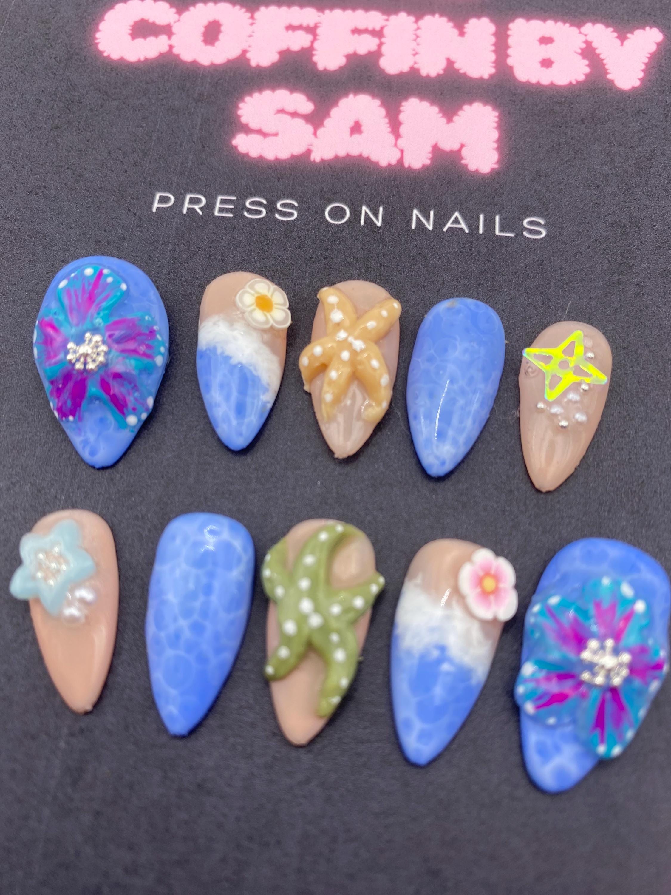 4d 3d press on nails - beach - holiday - sea life -unique nails - blue - starfish - flowers