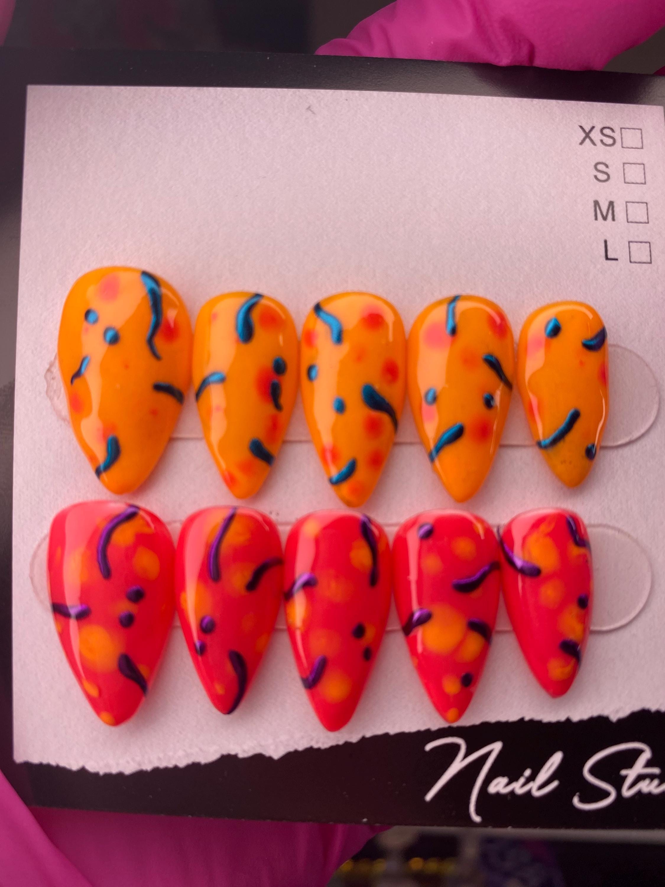 Press on nails - y2k nails - orange and red nails - hand painted nails - chrome nails - trendy nails