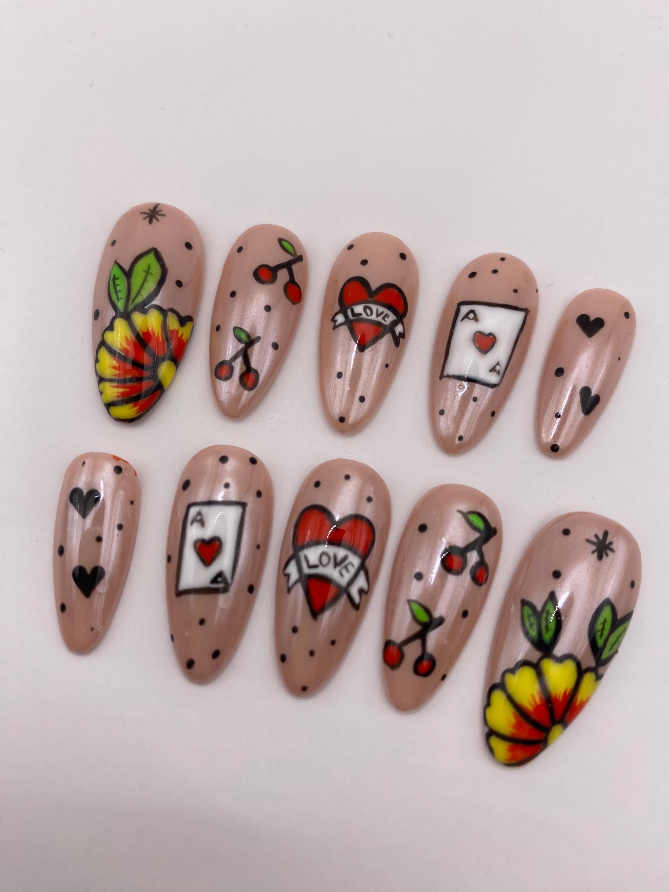 Tattoo inspired press on nail set - beige - gift for her - unique gift - red - fake nails - unique design - chrome