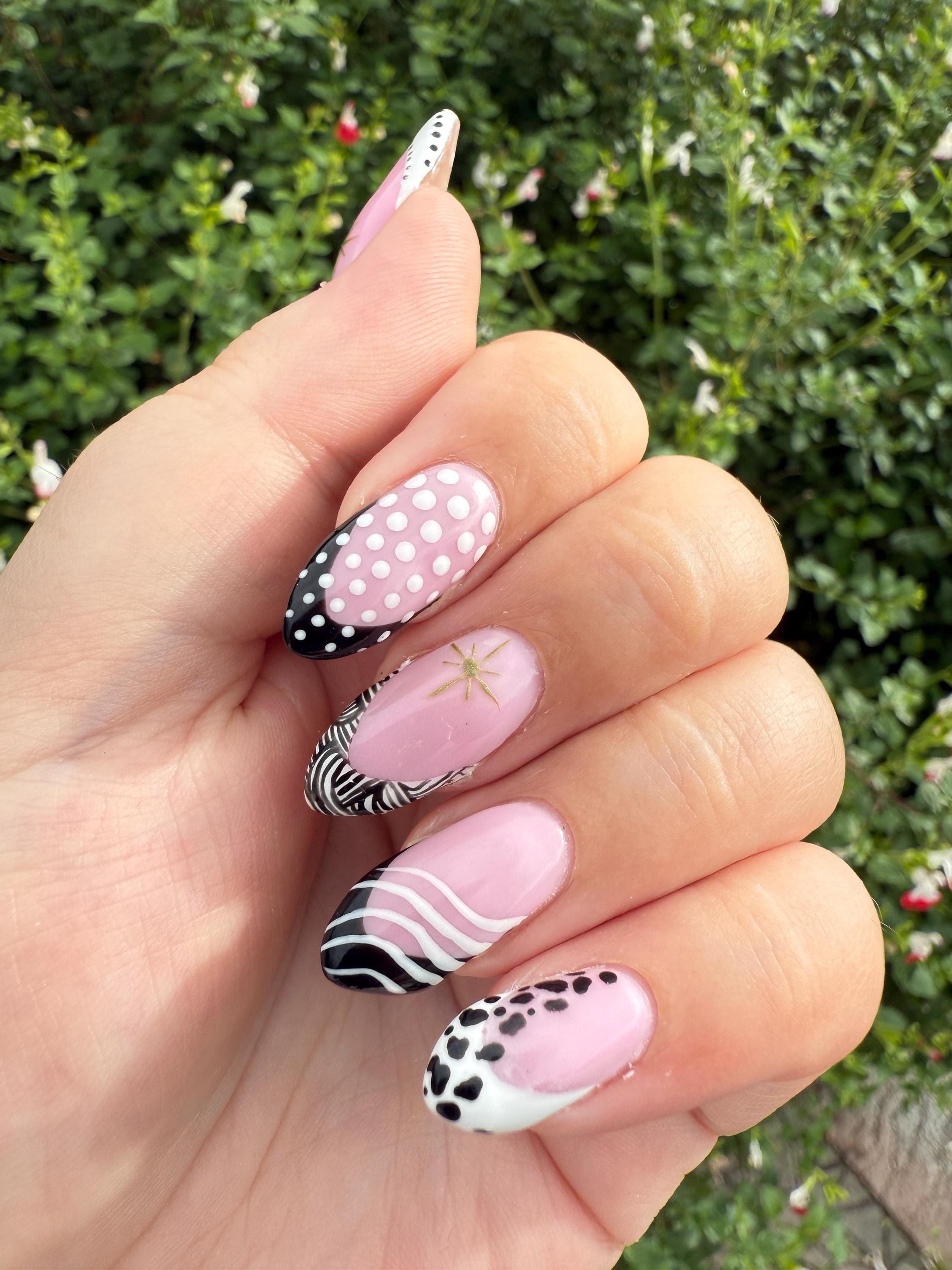 Elegant Black & White French Tip Press On Nails | Luxury Handmade False Nails reusable handmade nails - minimal press ons - gift for her