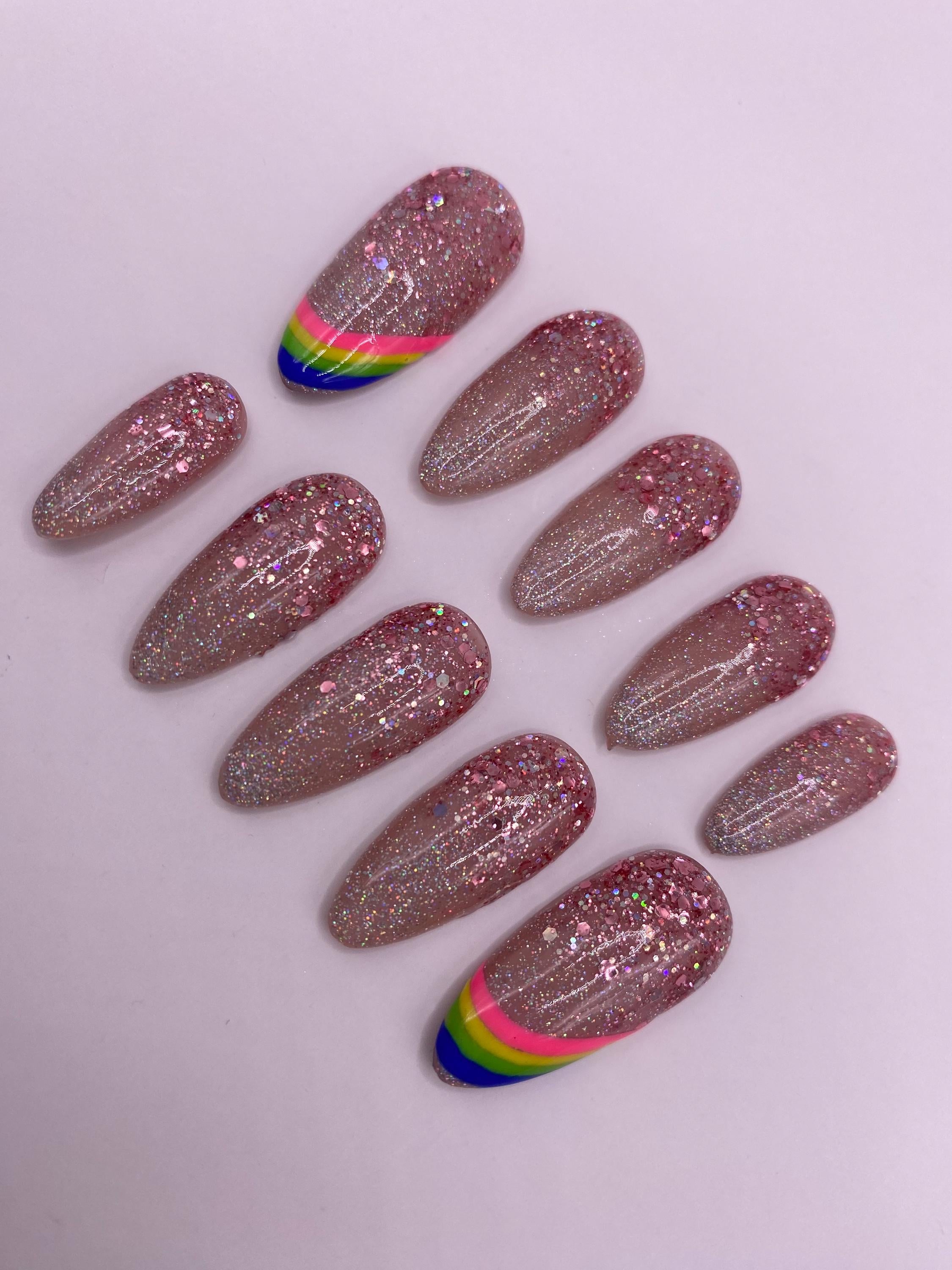 Sparkly press on nail set - party nails - lgbtq - reusable handmade nails - sparkle - glitter -gift for her - rose gold