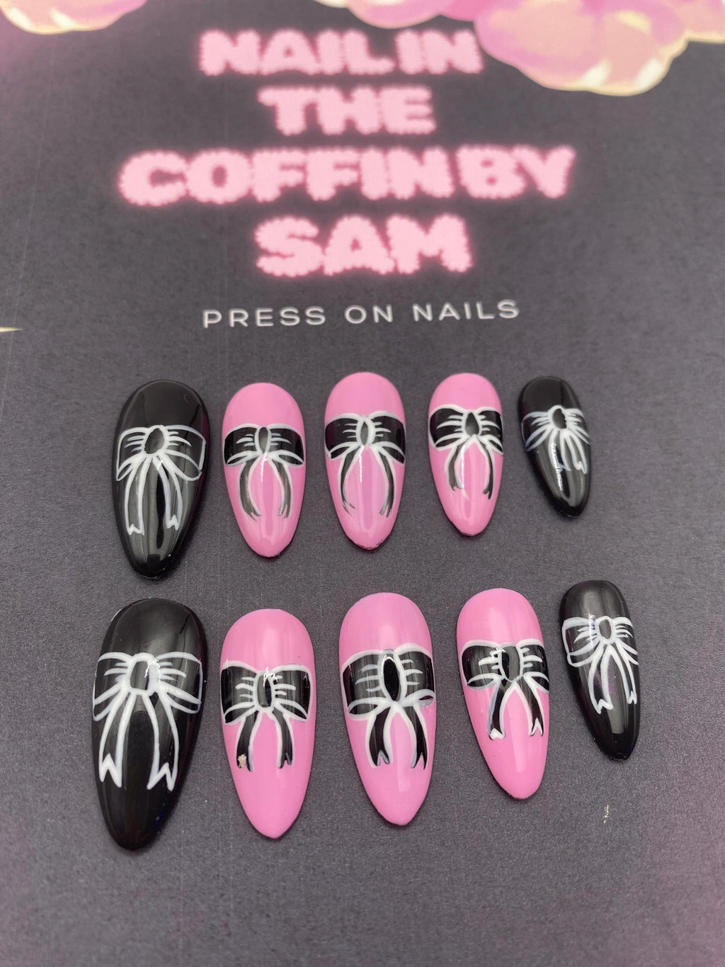 Gothic press on nails - pink - black - gifts for her - goth - bow -