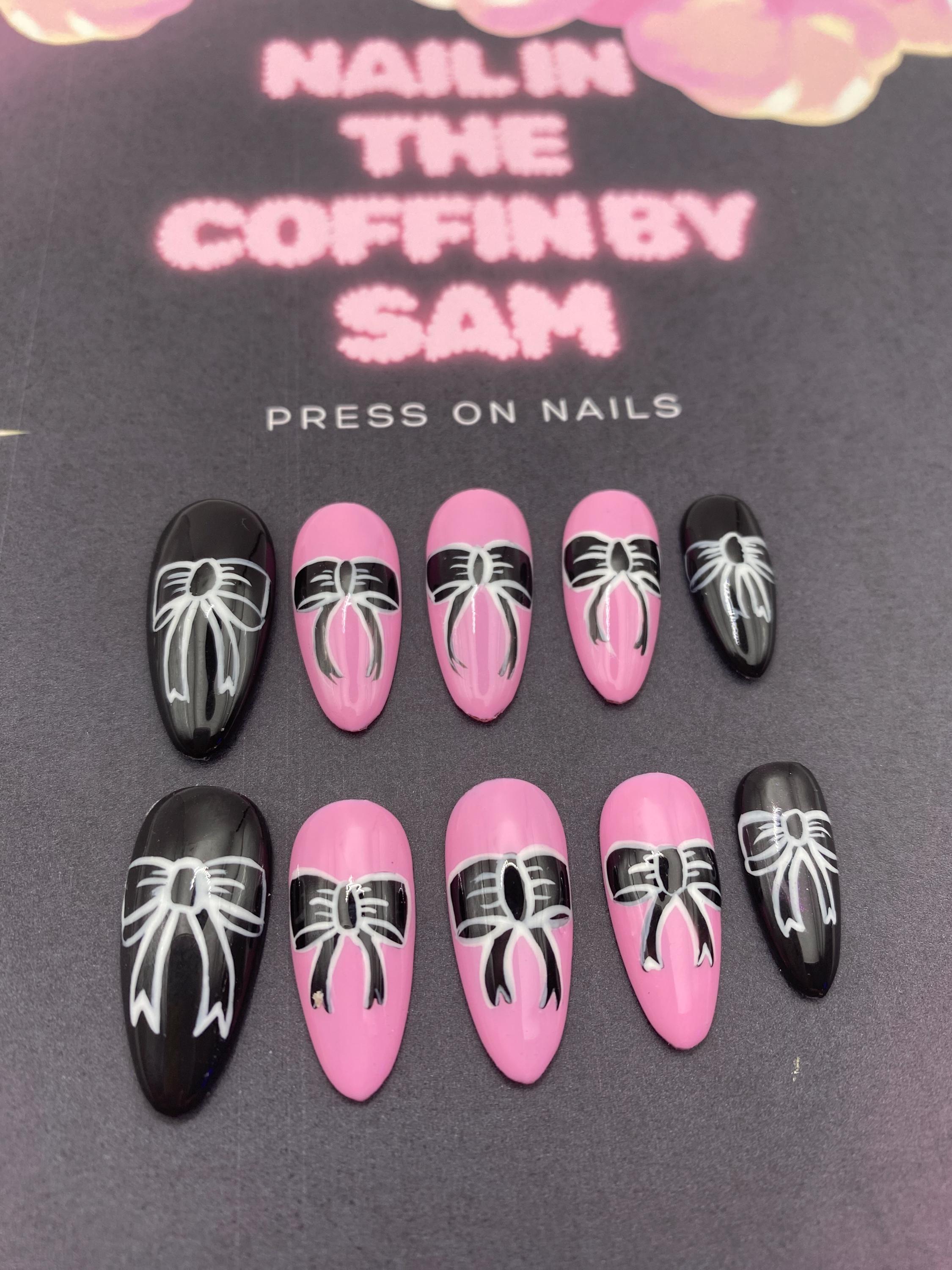 Gothic press on nails - pink - black - gifts for her - goth - bow -
