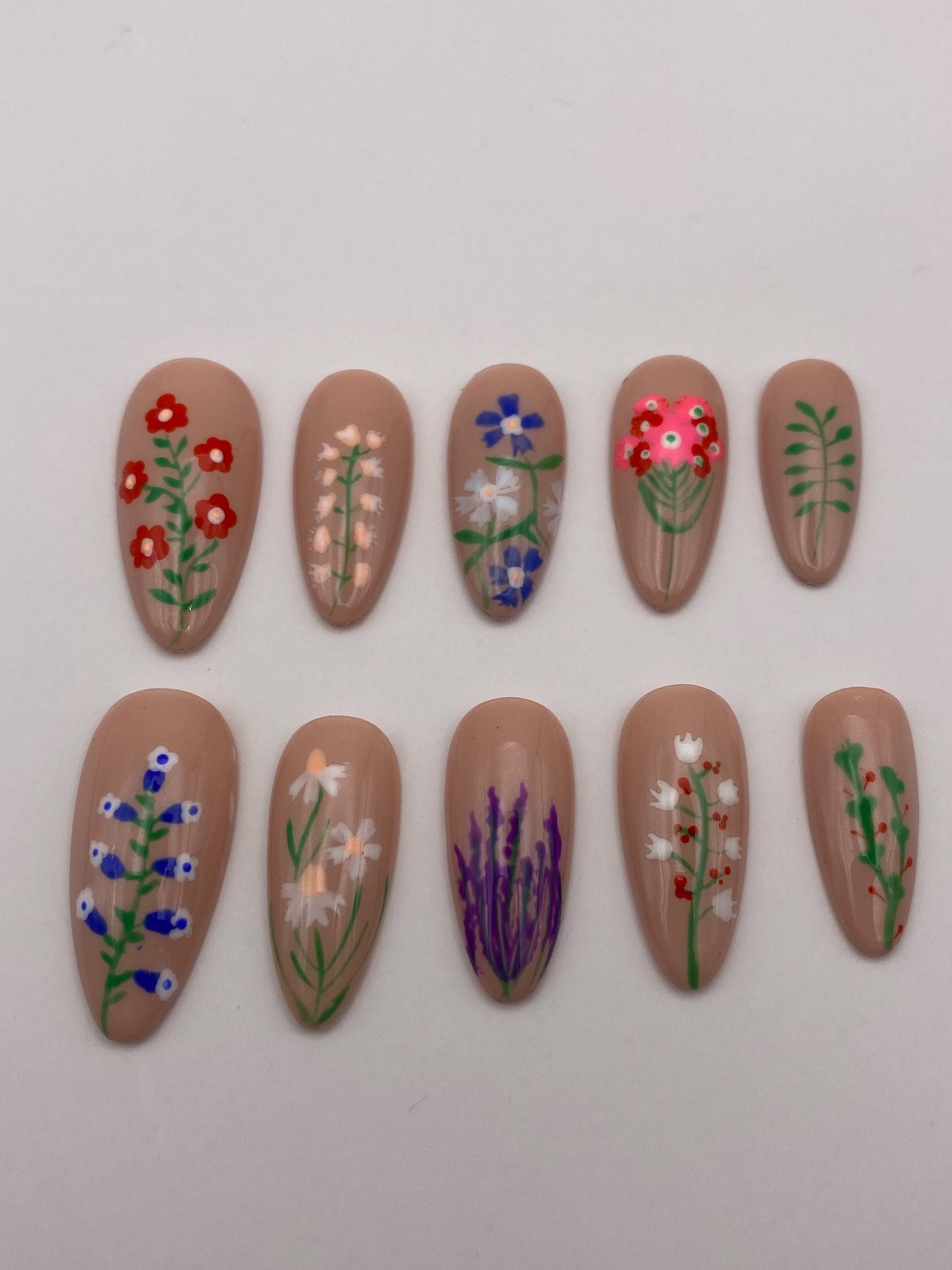 Floral press on nails - Garden fake nails - reusable handmade nails - flower press ons - gift for her