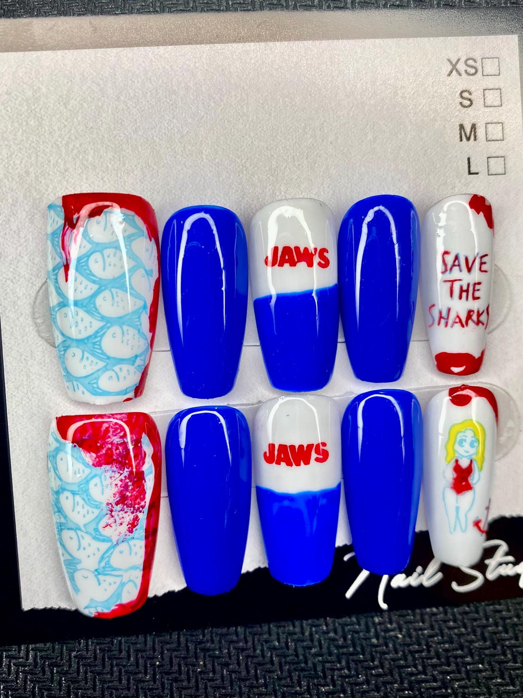 Jaws inspired nails - movie nails - horror nail - nerd - gifts for her - Blue nails - art - gift