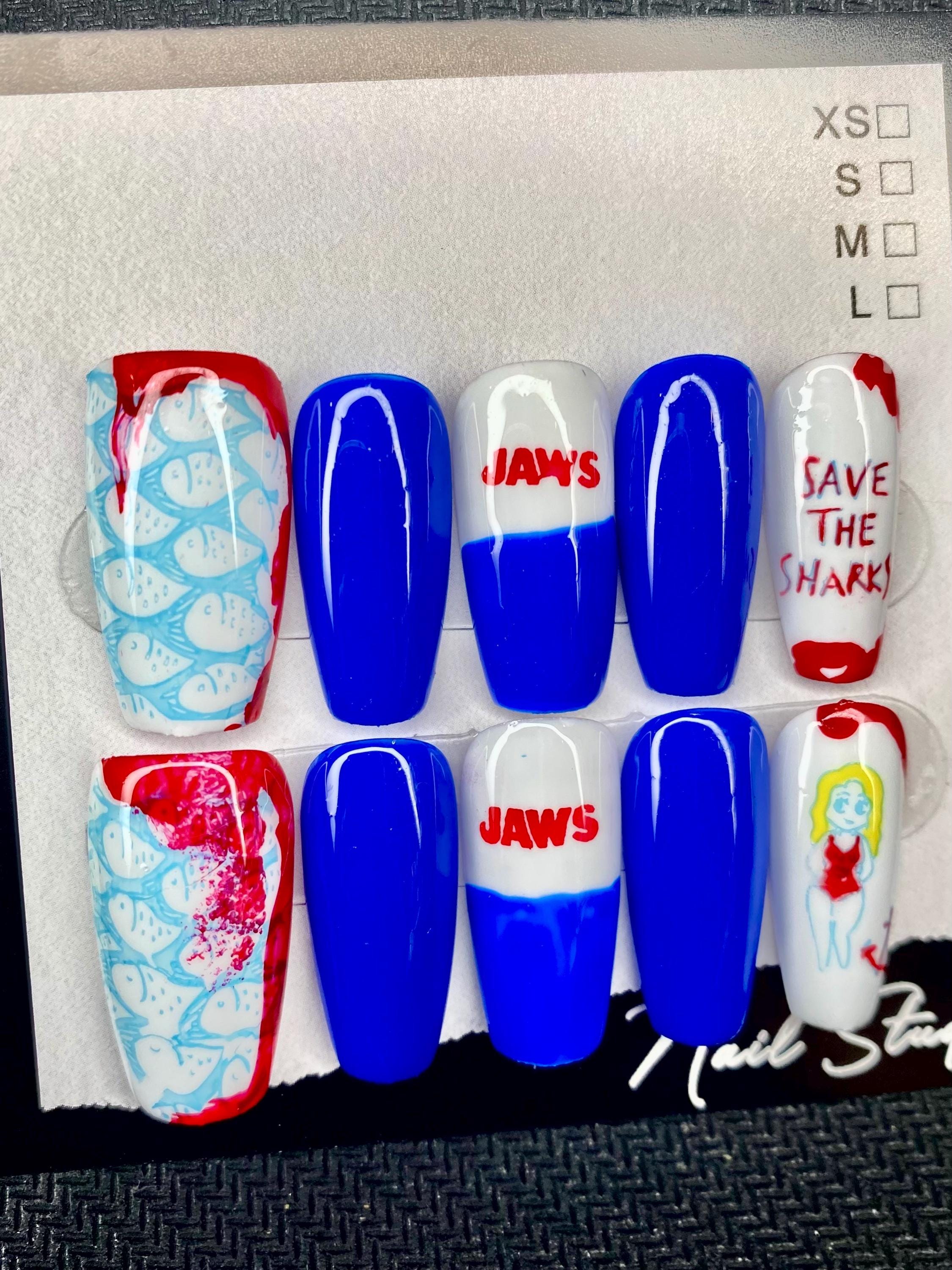 Jaws inspired nails - movie nails - horror nail - nerd - gifts for her - Blue nails - art - gift