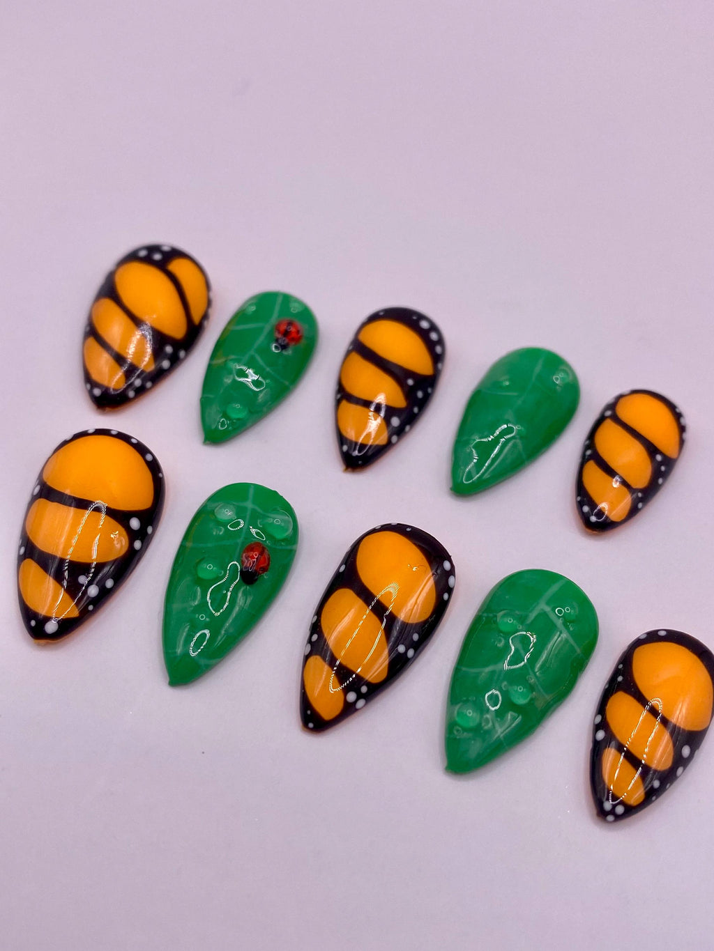 Butterfly wing and ladybird leaf press on nails - Garden fake nails - reusable handmade nails - butterfly press ons - gift for her