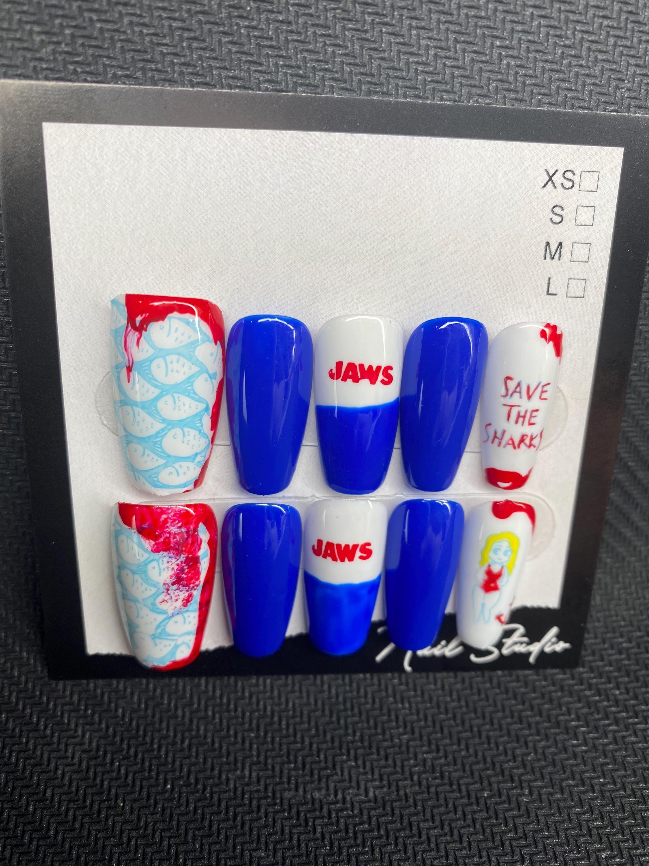 Jaws inspired nails - movie nails - horror nail - nerd - gifts for her - Blue nails - art - gift