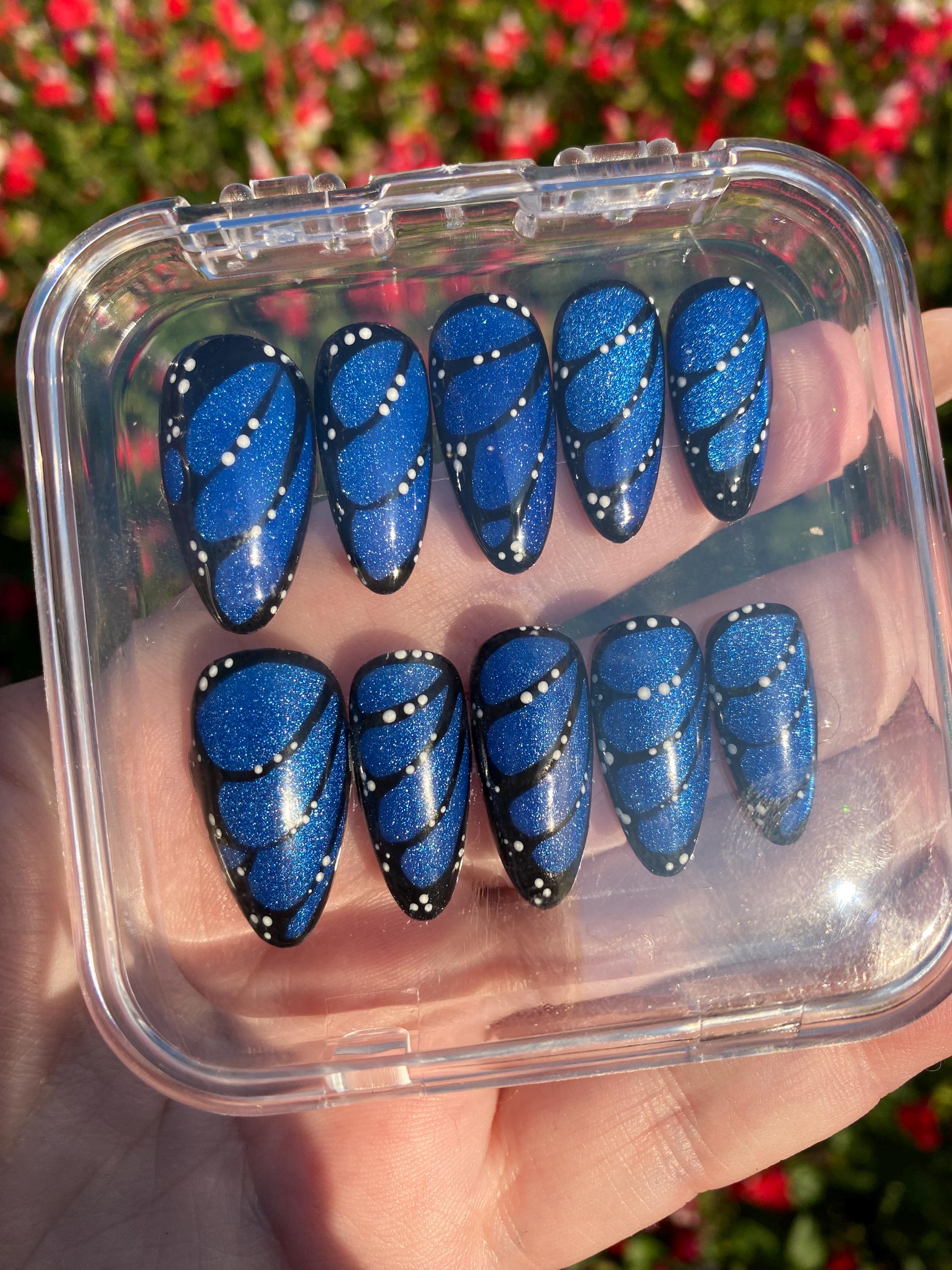 Butterfly wing with cat eye press on nails - magnetic fake nails - reusable handmade nails - butterfly press ons - gift for her