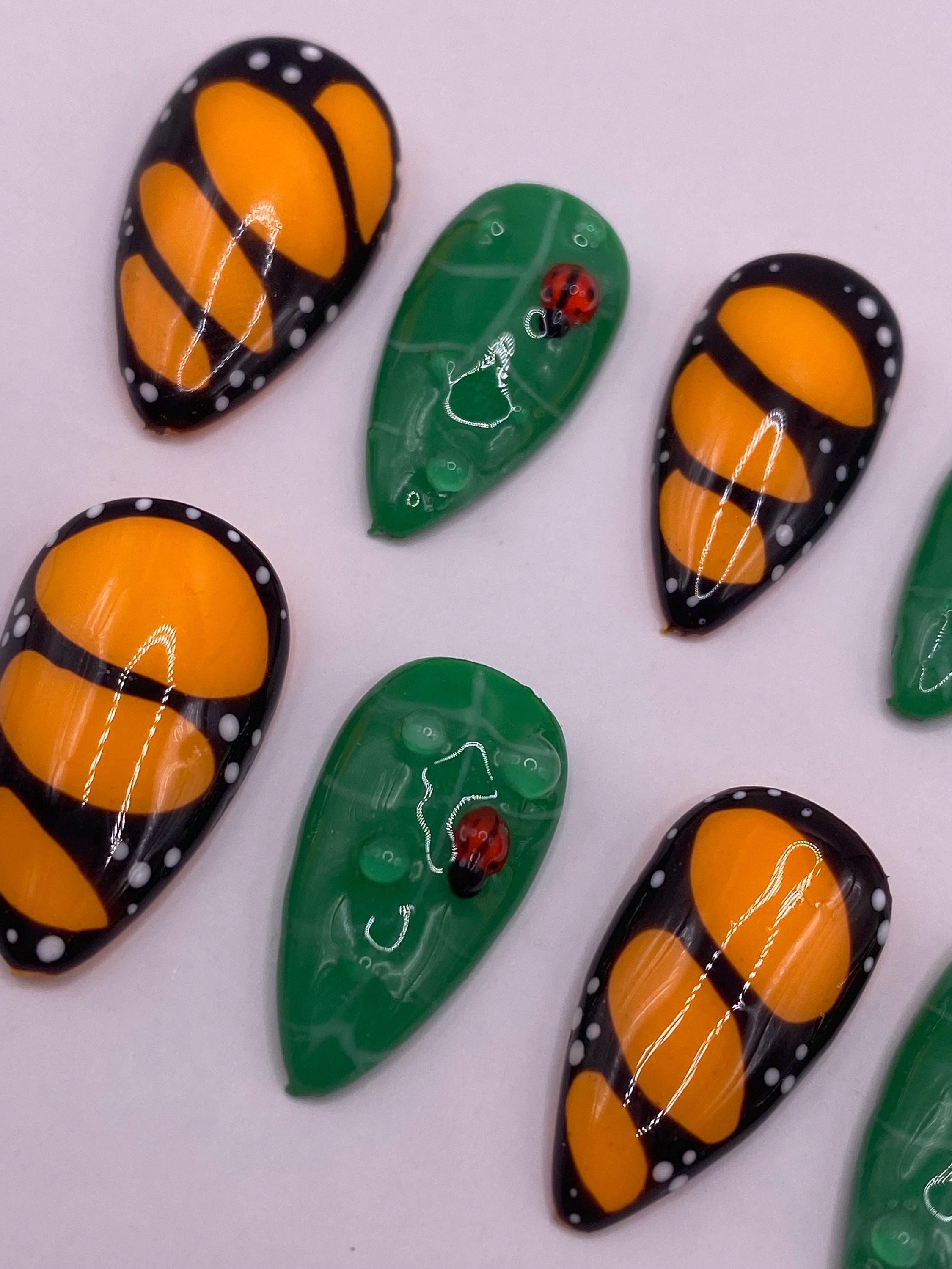 Butterfly wing and ladybird leaf press on nails - Garden fake nails - reusable handmade nails - butterfly press ons - gift for her