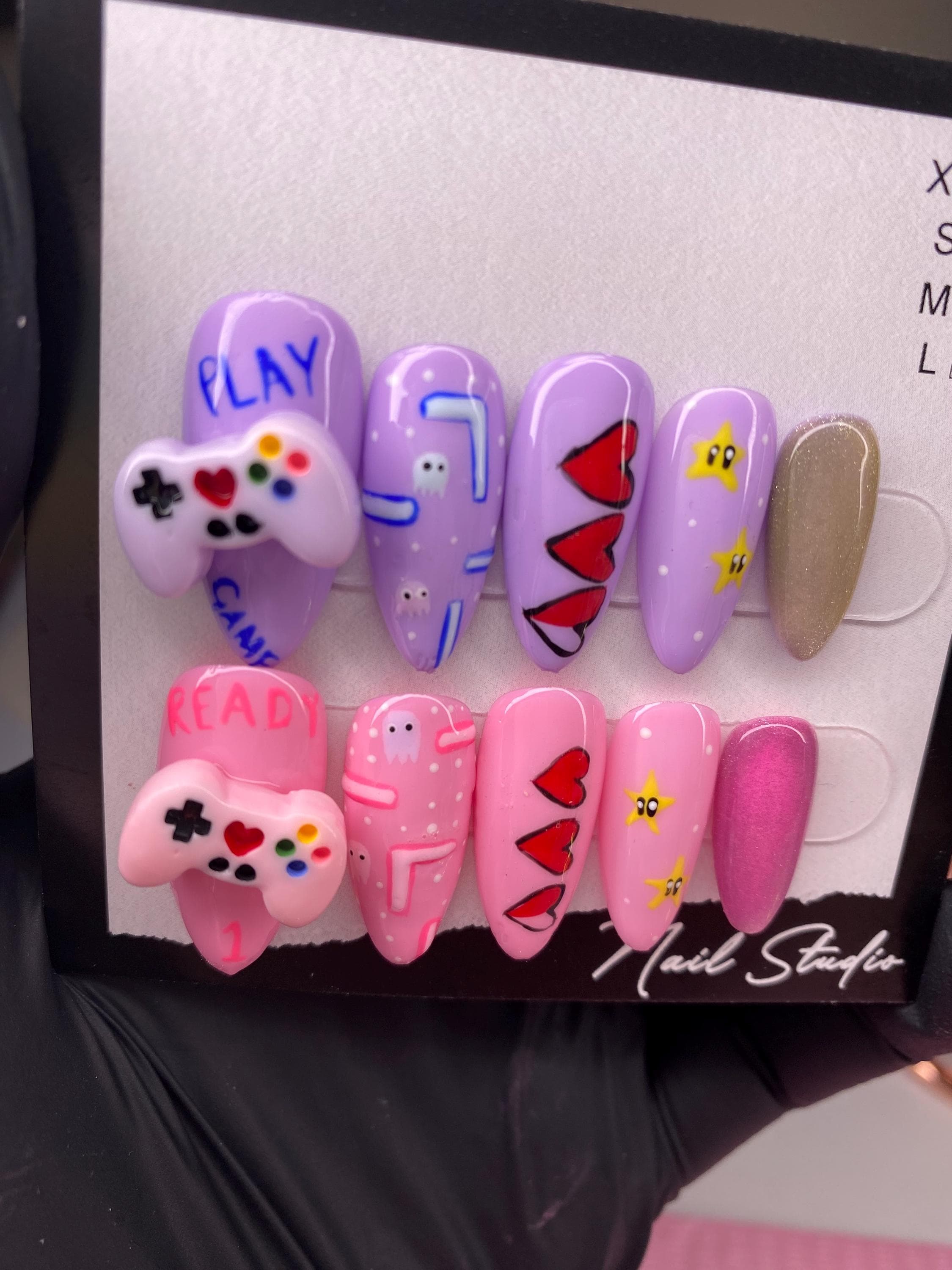 Gamer pink and purple press on nails - gamer girl - kawaii - retro - games - retro games - magnetic nails - nail art - nail charms -