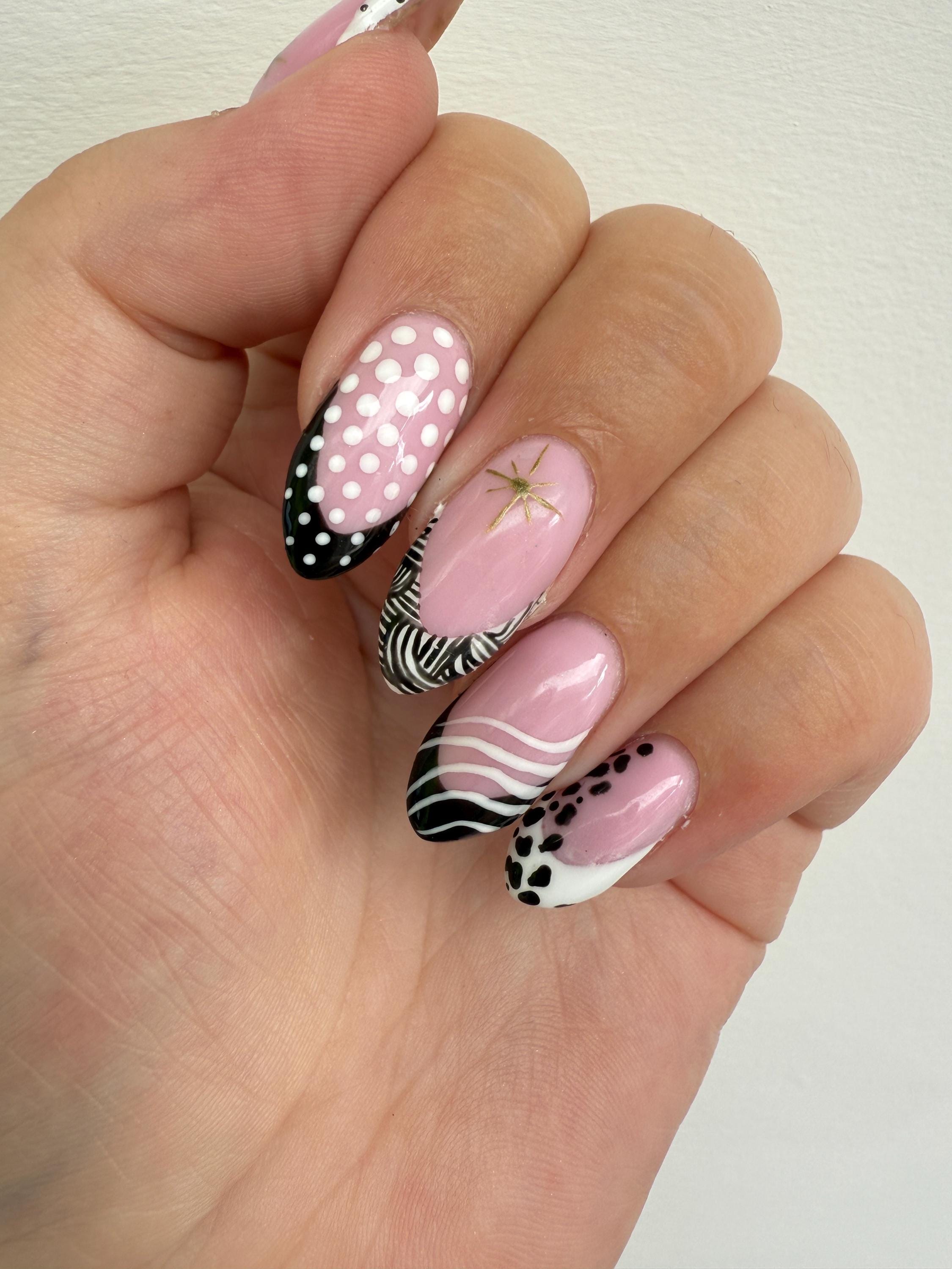 Elegant Black & White French Tip Press On Nails | Luxury Handmade False Nails reusable handmade nails - minimal press ons - gift for her