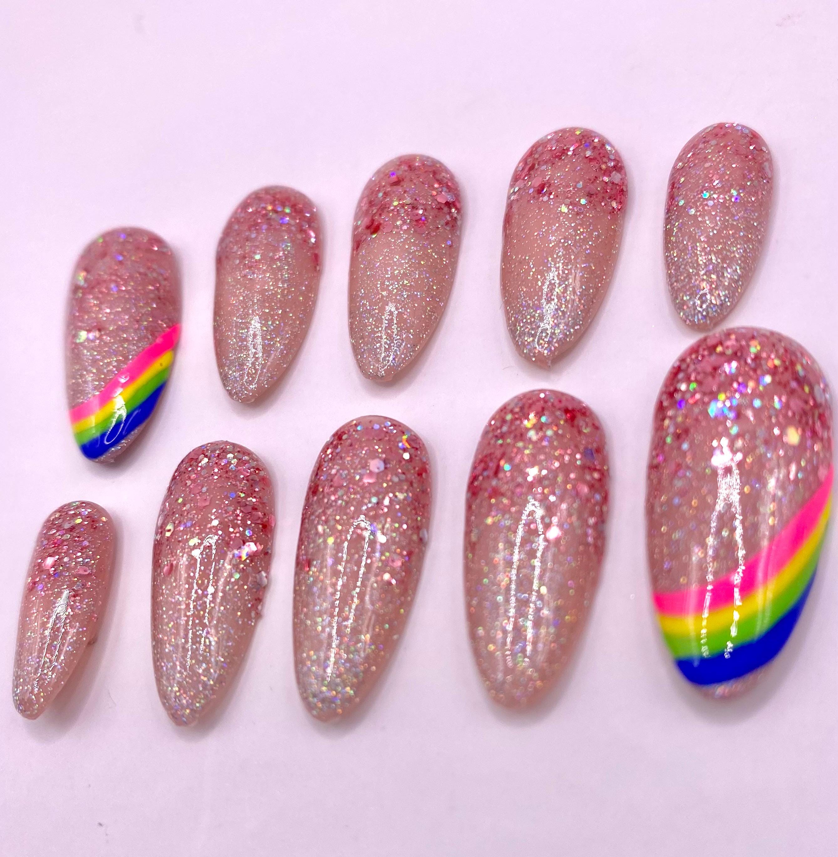 Sparkly press on nail set - party nails - lgbtq - reusable handmade nails - sparkle - glitter -gift for her - rose gold