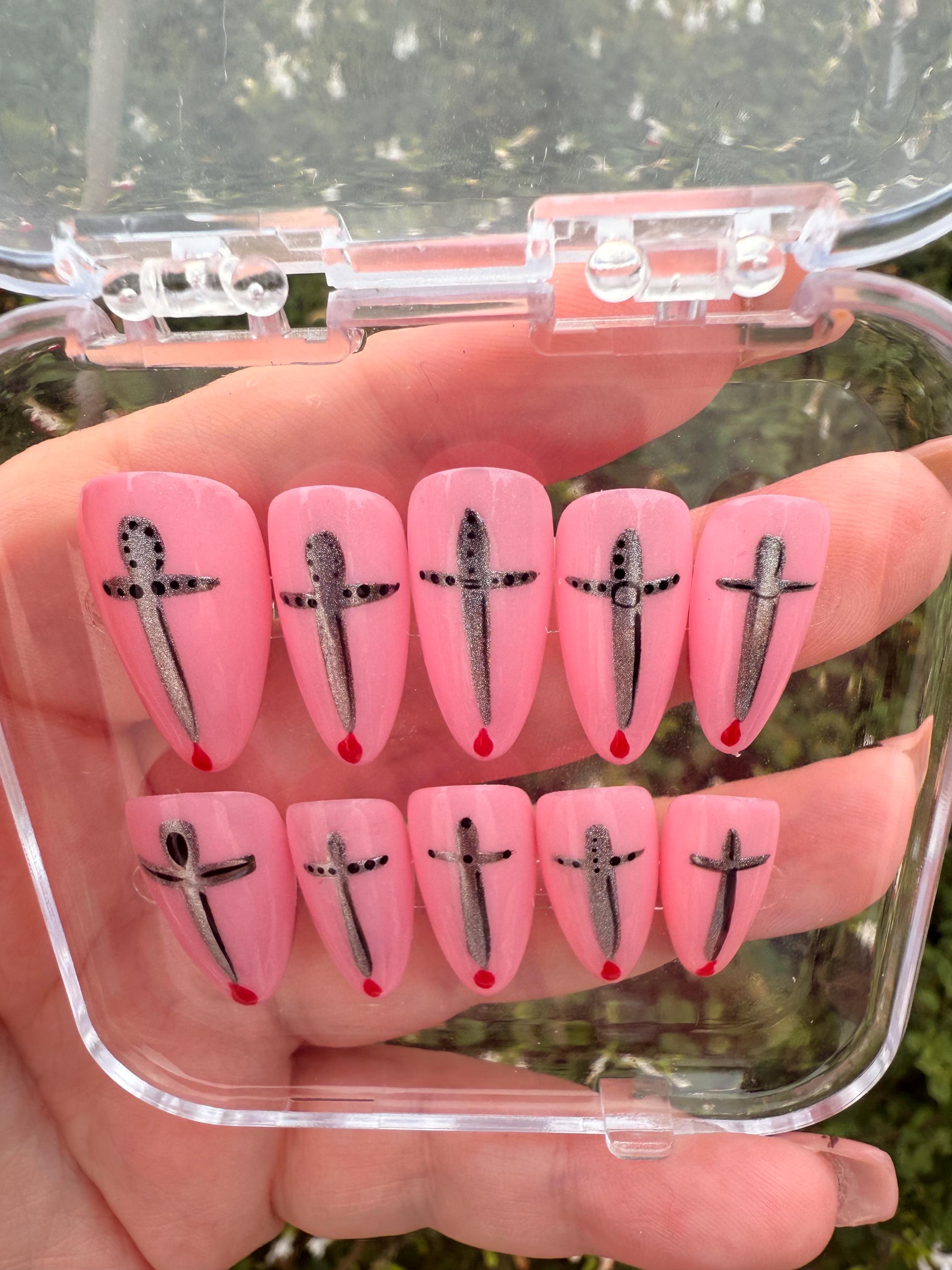 Pink Press On Nails with Silver Swords & Blood Drip | Gothic Nail Art | Horror Nails | Handmade Fake Nails | Halloween Nails | Gift for her