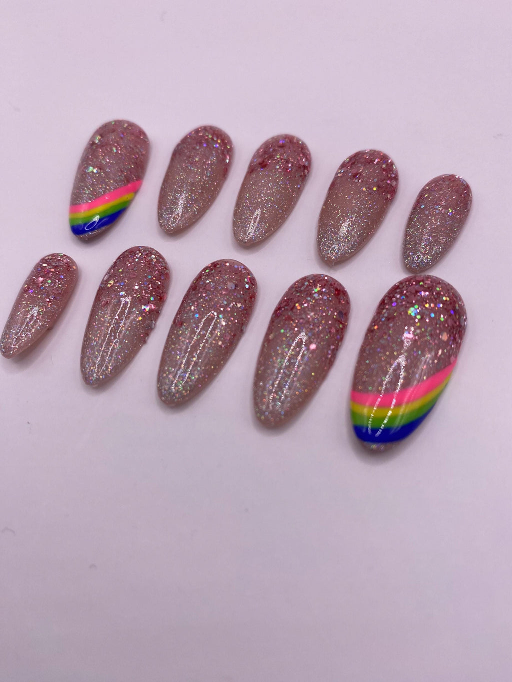 Sparkly press on nail set - party nails - lgbtq - reusable handmade nails - sparkle - glitter -gift for her - rose gold