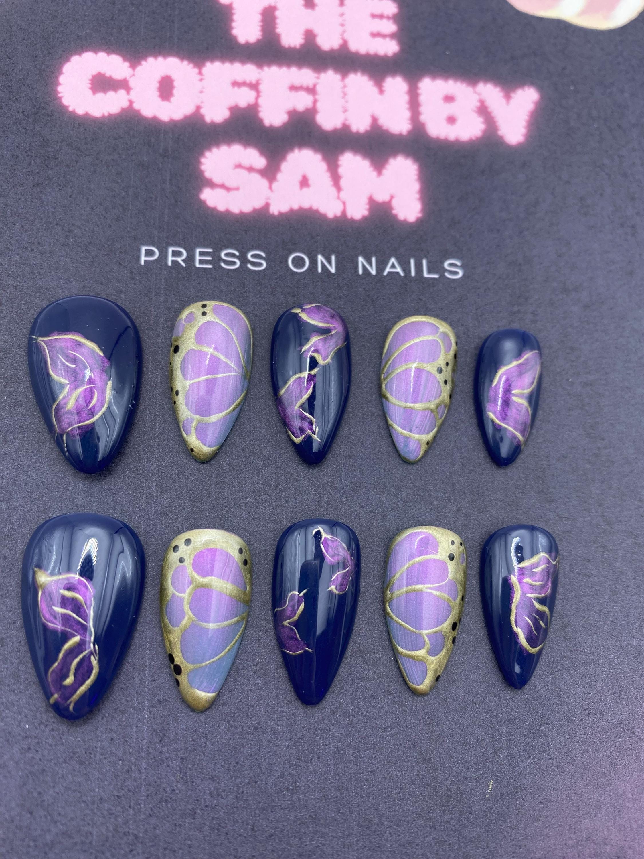 Butterfly press on nails - elegant nails - gifts for her - unique gifts - blue - gold