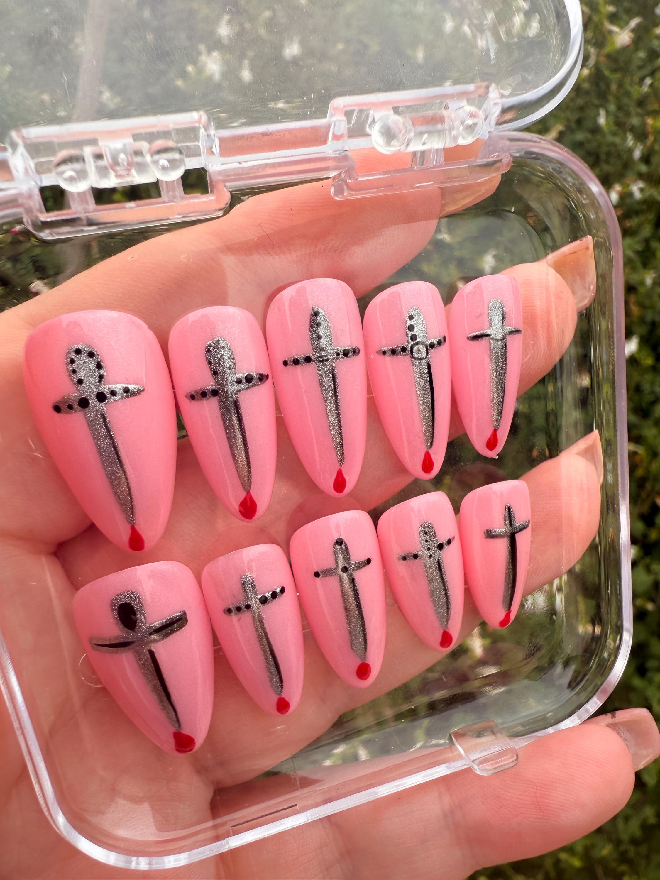 Pink Press On Nails with Silver Swords & Blood Drip | Gothic Nail Art | Horror Nails | Handmade Fake Nails | Halloween Nails | Gift for her