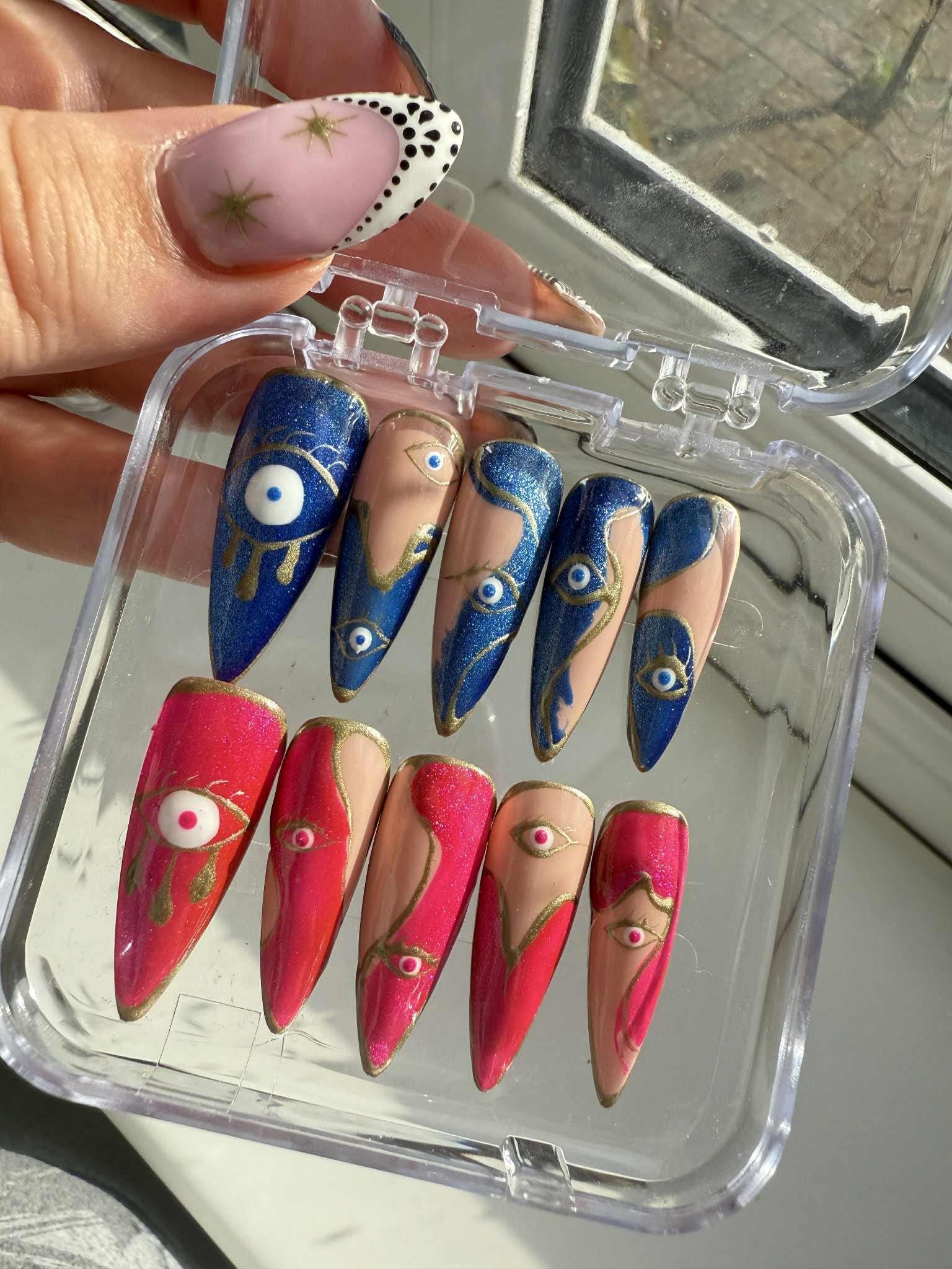 Handmade Evil Eye Press On Nails – Blue & Pink Mixed Set | Long Stiletto Artistic Nail Art | Boho Witchy Protective Nail Design-gift for her
