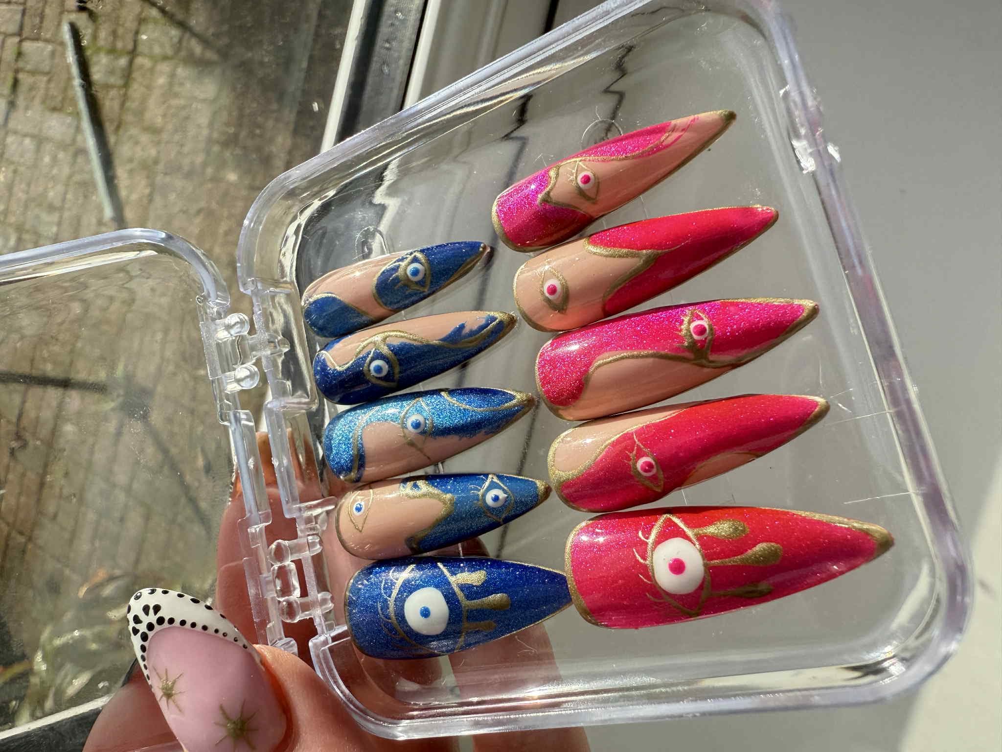 Handmade Evil Eye Press On Nails – Blue & Pink Mixed Set | Long Stiletto Artistic Nail Art | Boho Witchy Protective Nail Design-gift for her
