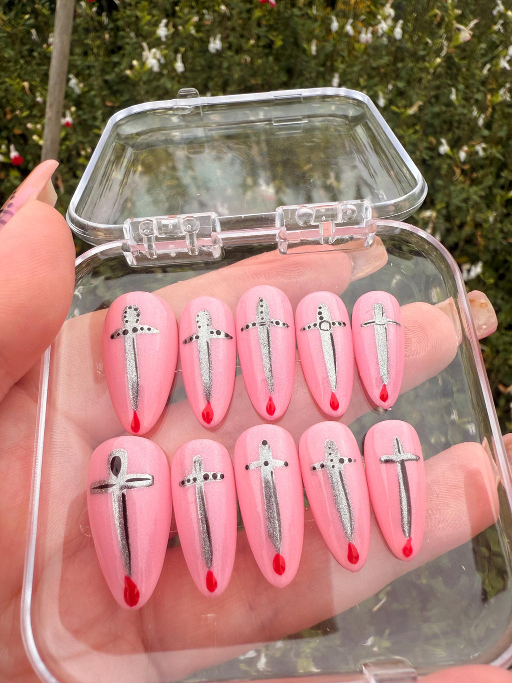 Pink Press On Nails with Silver Swords & Blood Drip | Gothic Nail Art | Horror Nails | Handmade Fake Nails | Halloween Nails | Gift for her