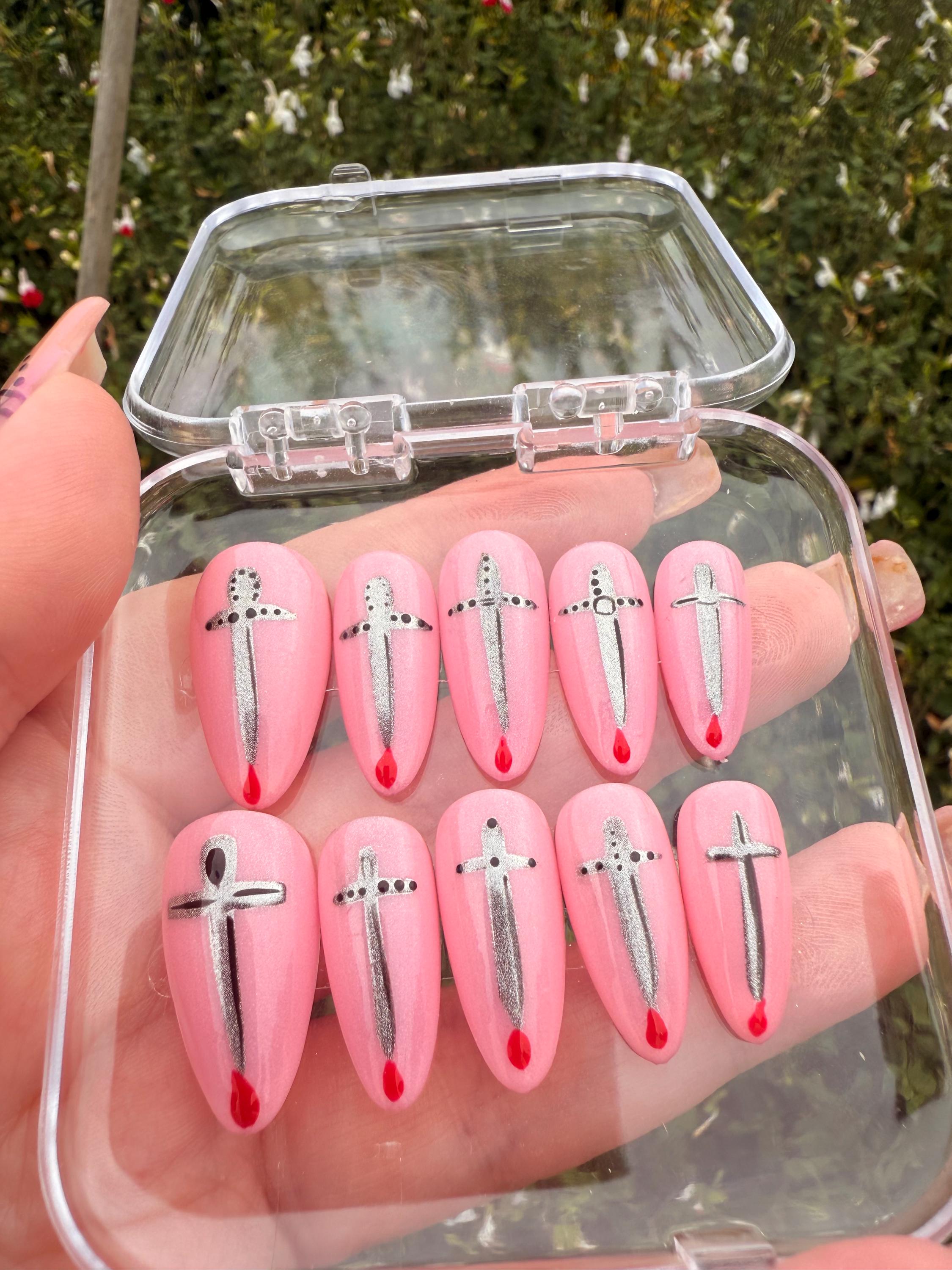 Pink Press On Nails with Silver Swords & Blood Drip | Gothic Nail Art | Horror Nails | Handmade Fake Nails | Halloween Nails | Gift for her