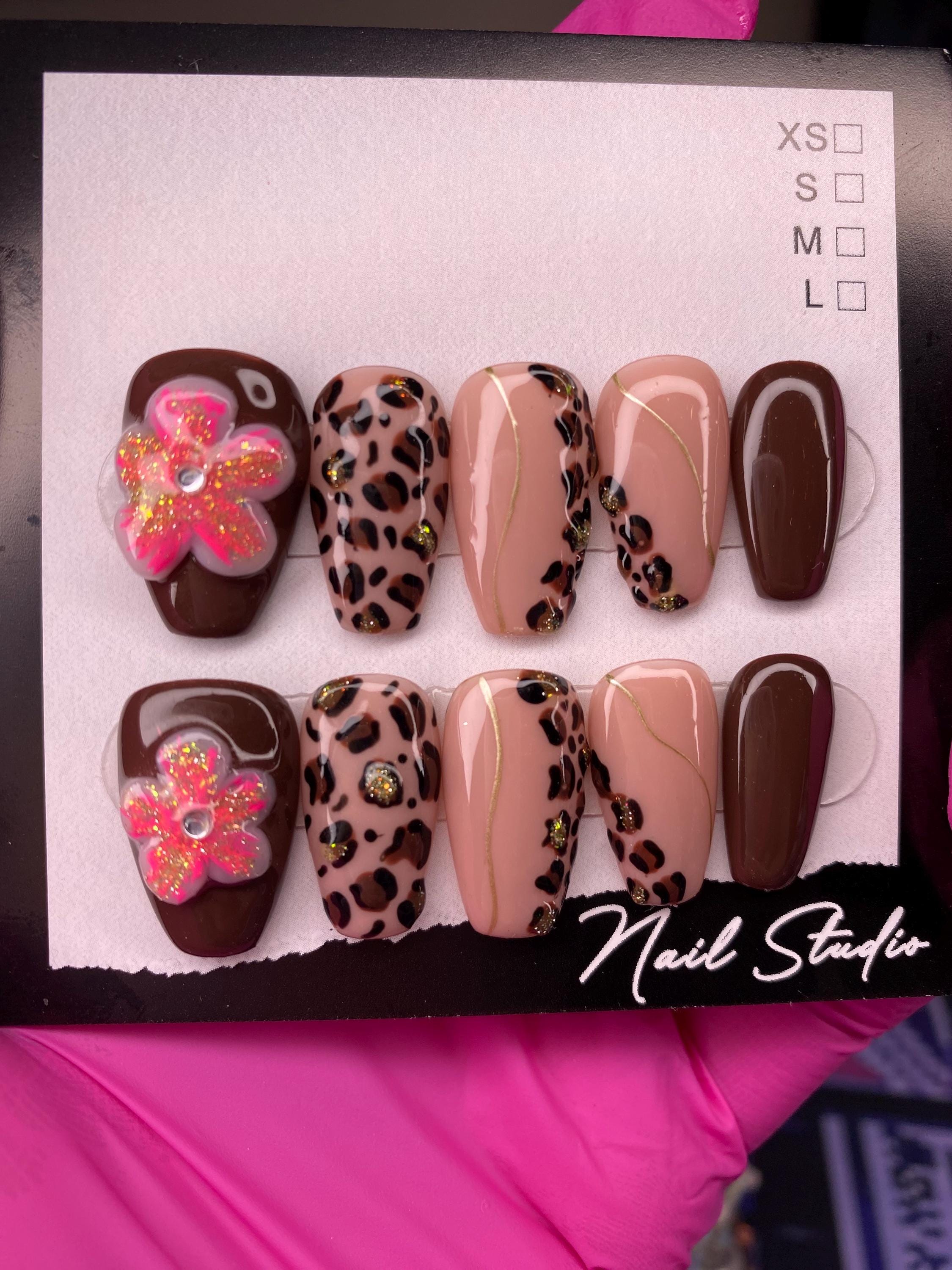 Leopard print with pink flowers press on nails - Elegant hand painted nails - 3d nails