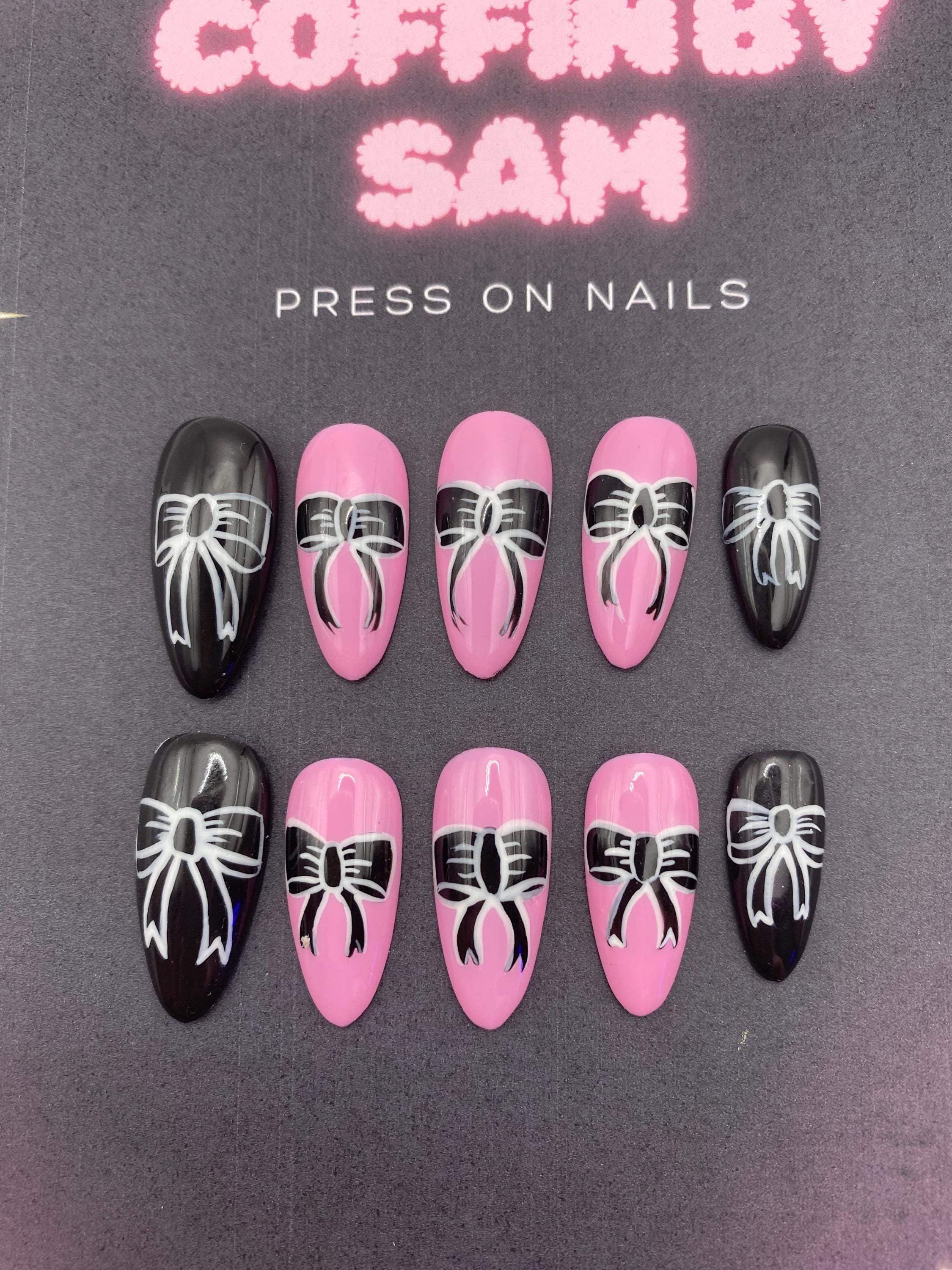 Gothic press on nails - pink - black - gifts for her - goth - bow -