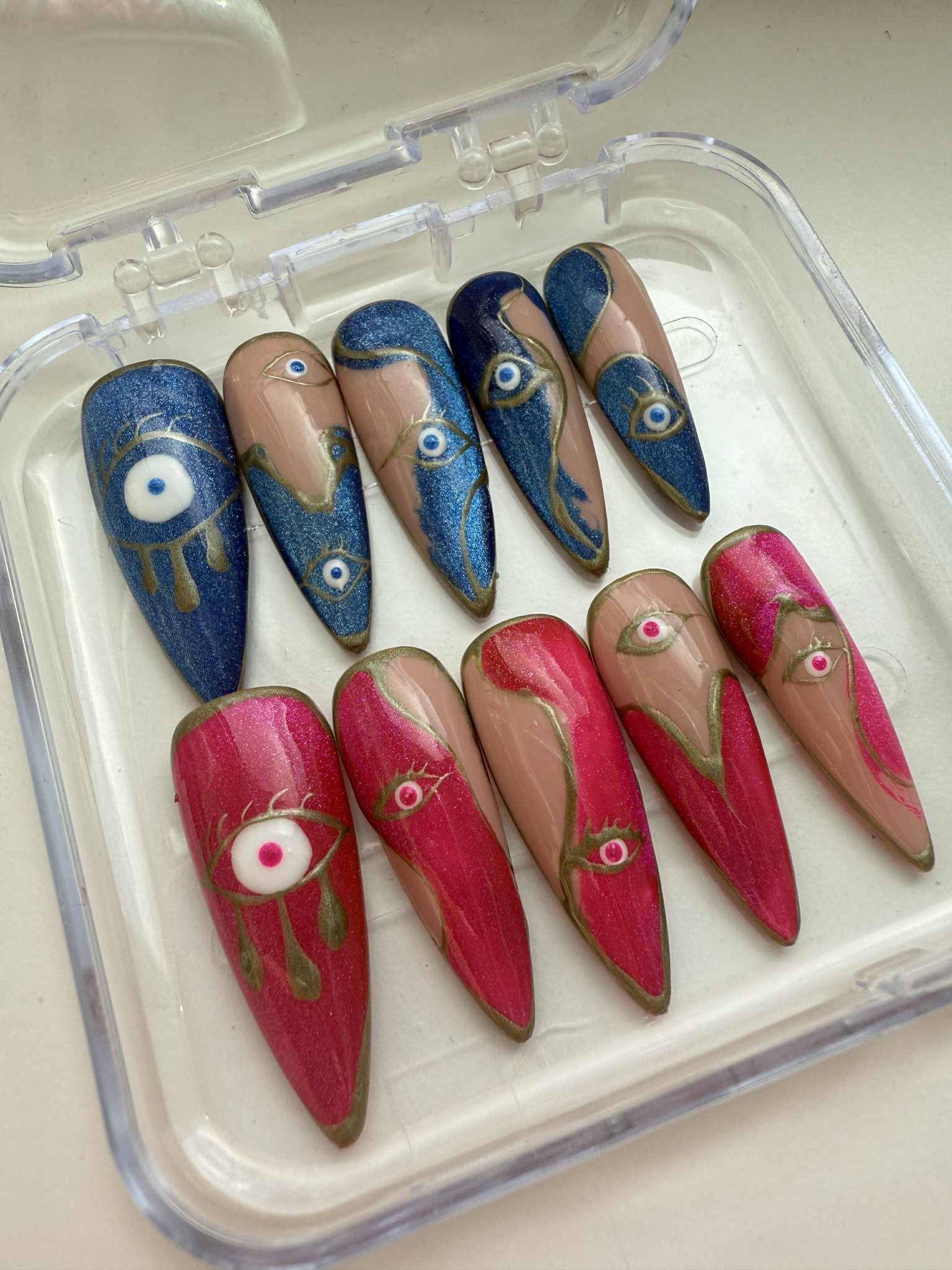 Handmade Evil Eye Press On Nails – Blue & Pink Mixed Set | Long Stiletto Artistic Nail Art | Boho Witchy Protective Nail Design-gift for her