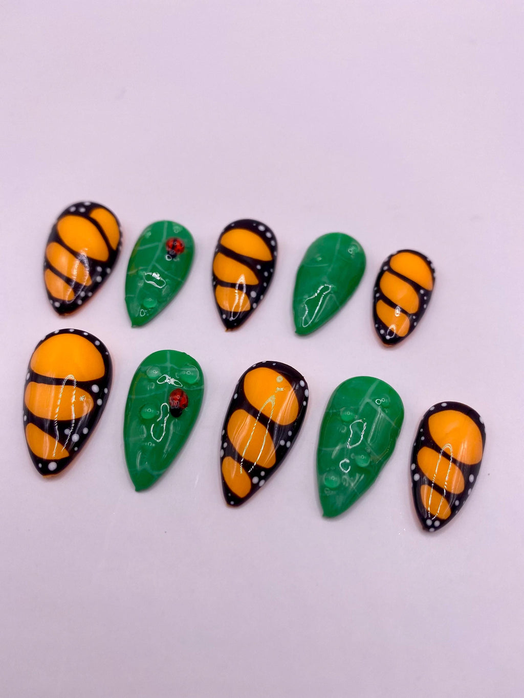 Butterfly wing and ladybird leaf press on nails - Garden fake nails - reusable handmade nails - butterfly press ons - gift for her