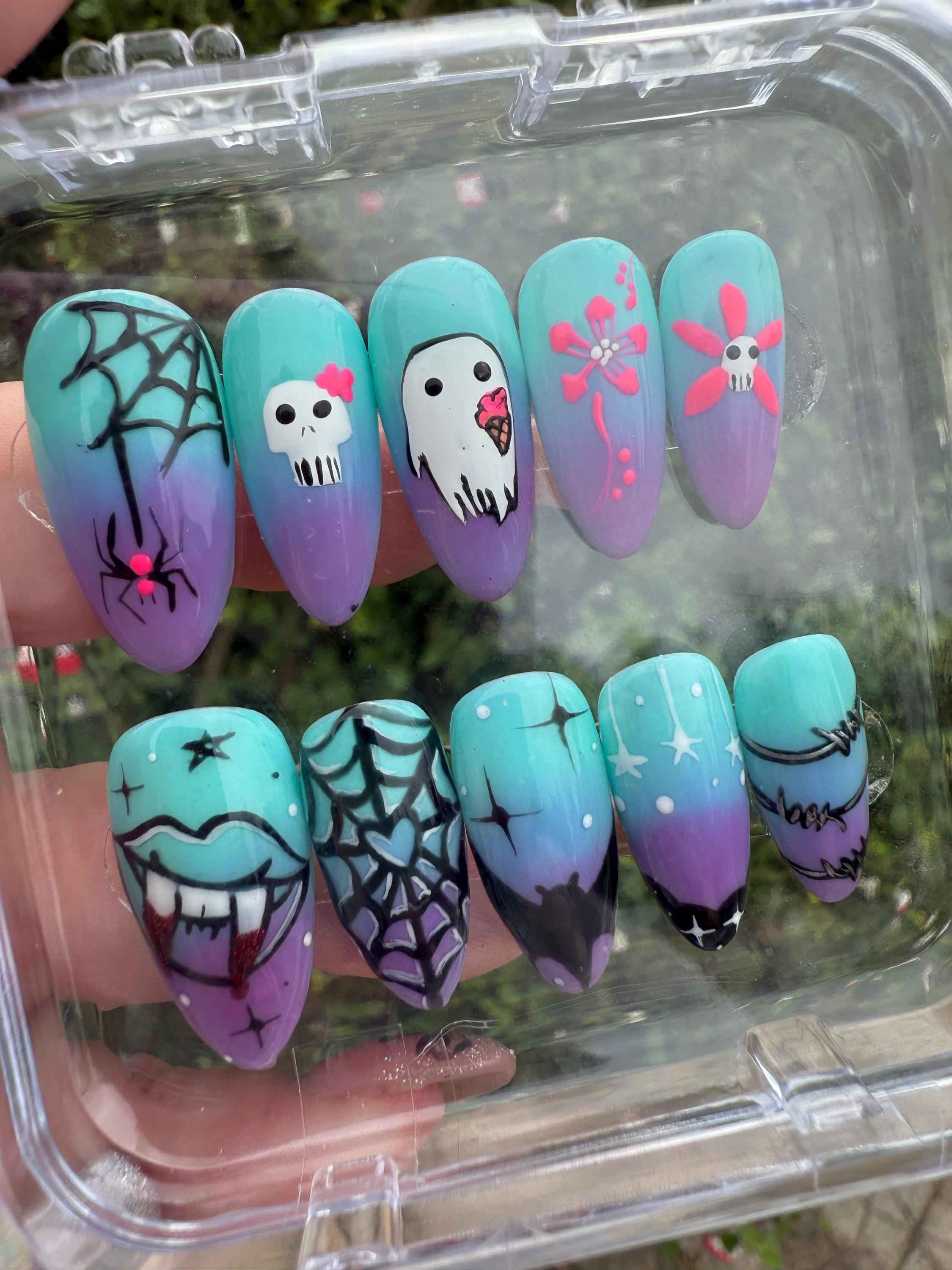 Summerween ombré press on nails - Blue purple fake nails - reusable handmade nails - gothic spooky press ons - gift for her