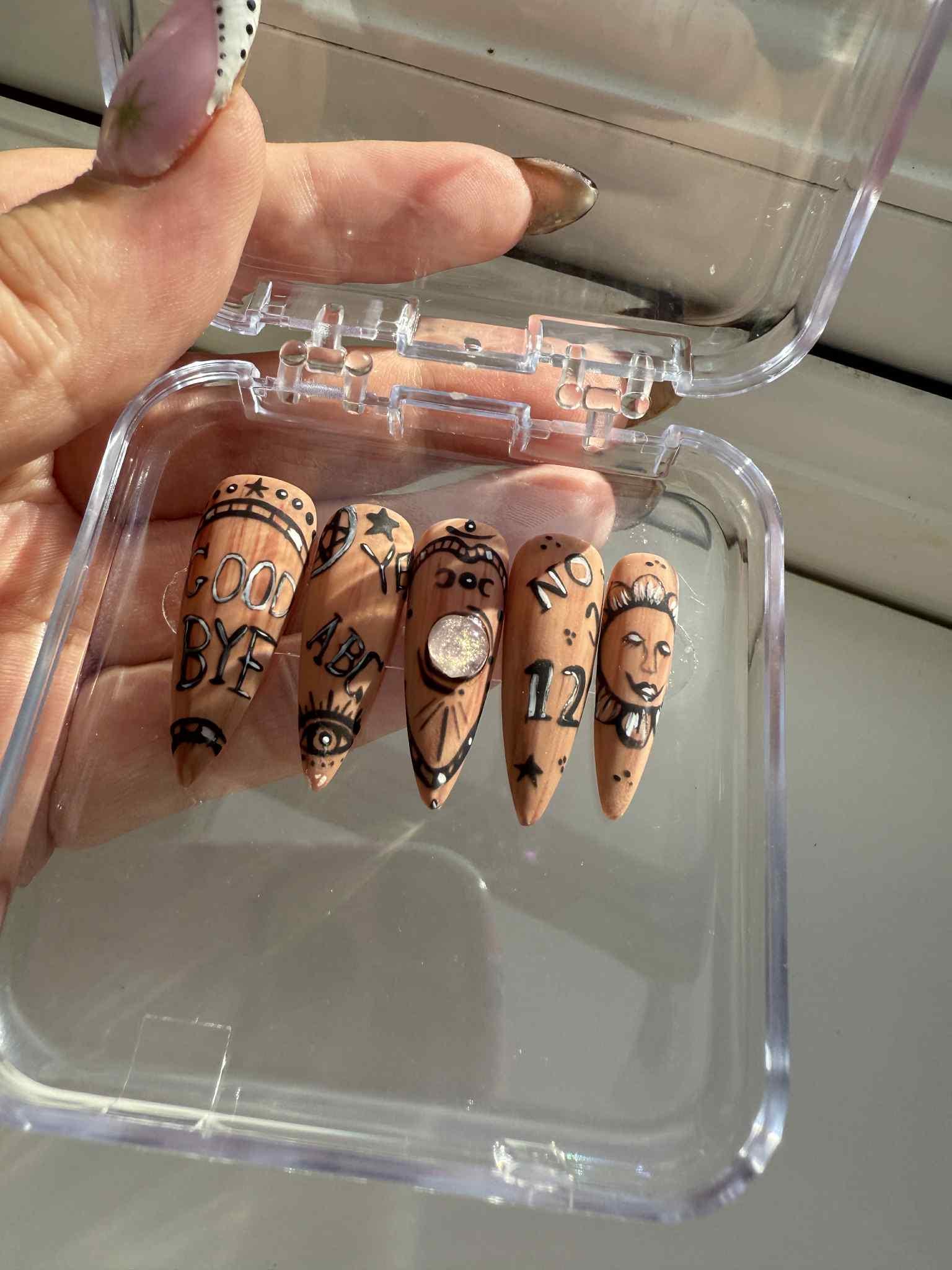 Ouija Board Inspired Press-On Nails – Gothic Black, White Nail Set with Occult & Spirit Designs – Reusable False Nails - gifts for her