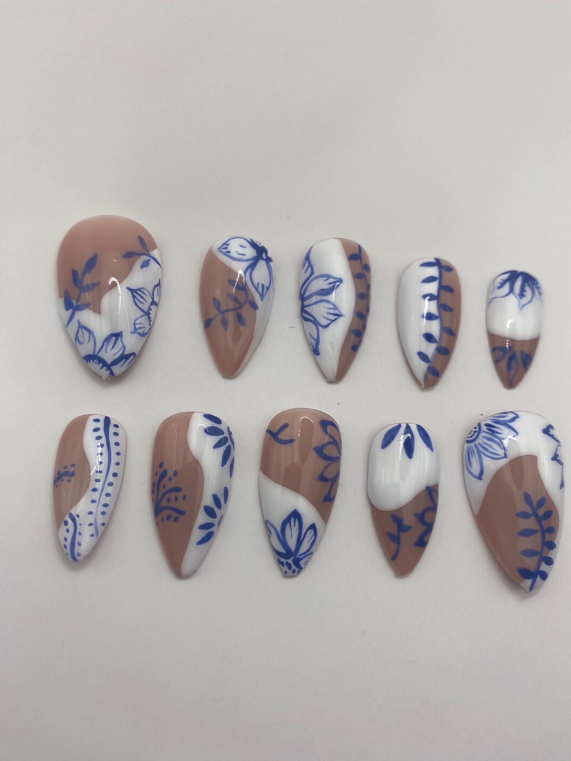 Moroccan inspired press on nails - Santorini nails- holiday nails - gifts for her - white and blue nails