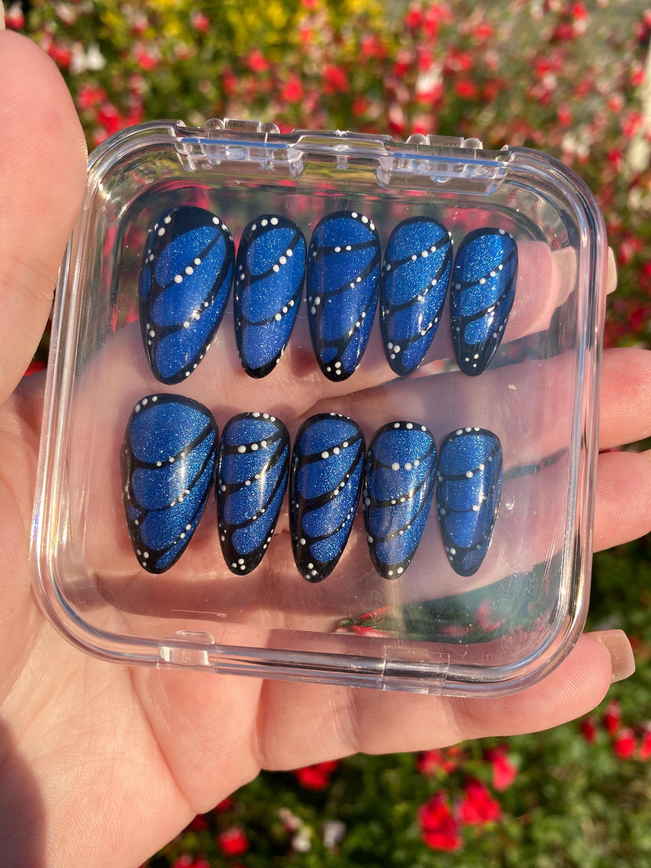 Butterfly wing with cat eye press on nails - magnetic fake nails - reusable handmade nails - butterfly press ons - gift for her