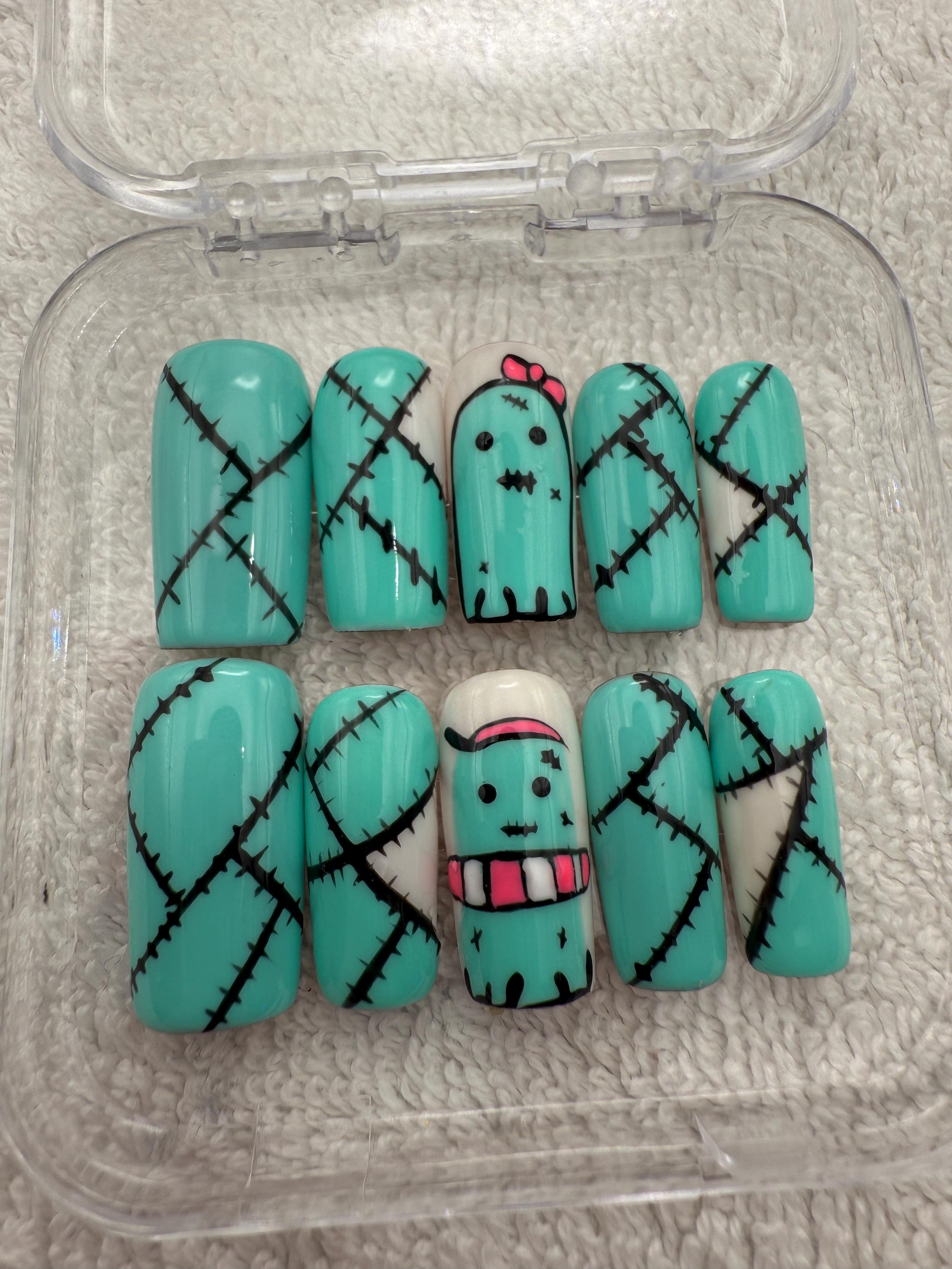 Cute ghost press on nails - aqua blue fake nails - reusable handmade nails - cute press ons - gift for her