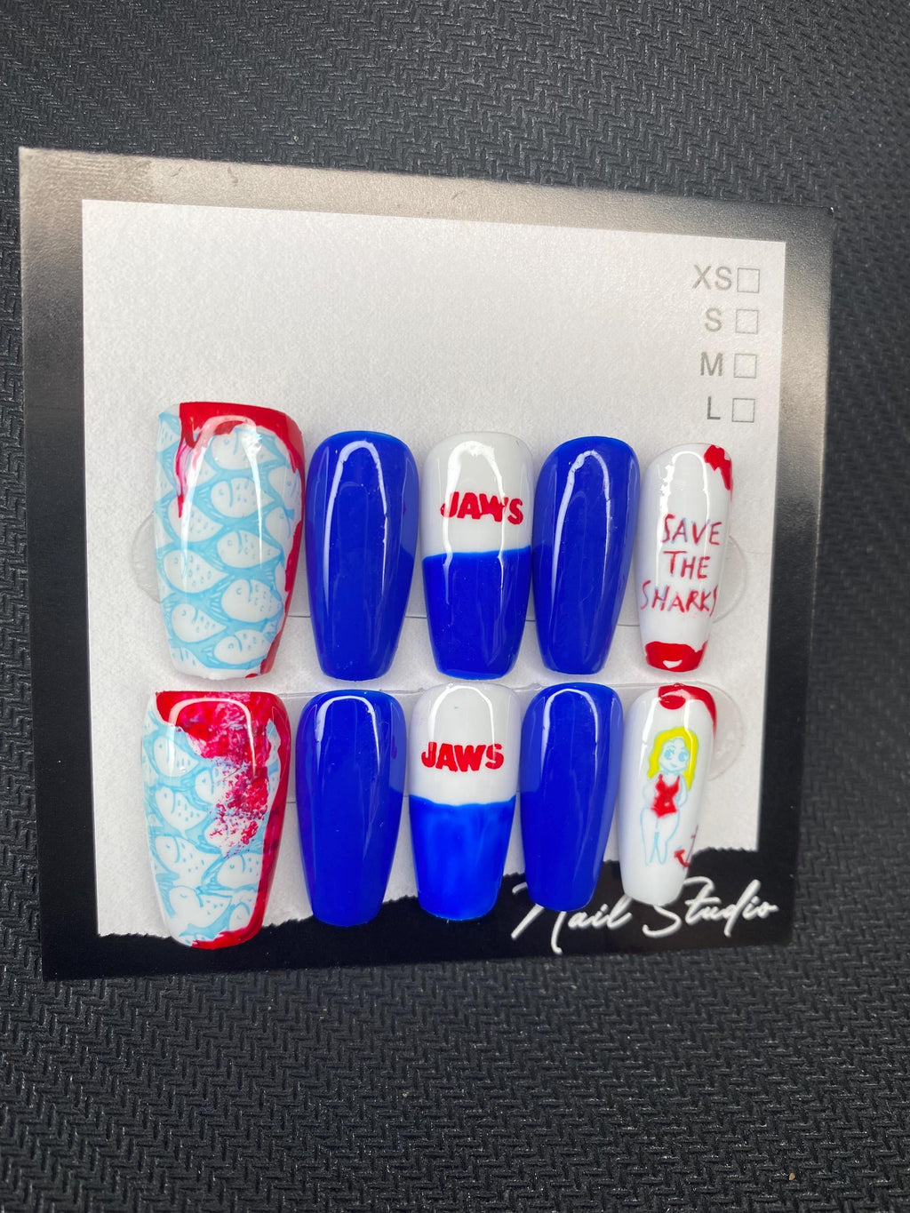 Jaws inspired nails - movie nails - horror nail - nerd - gifts for her - Blue nails - art - gift