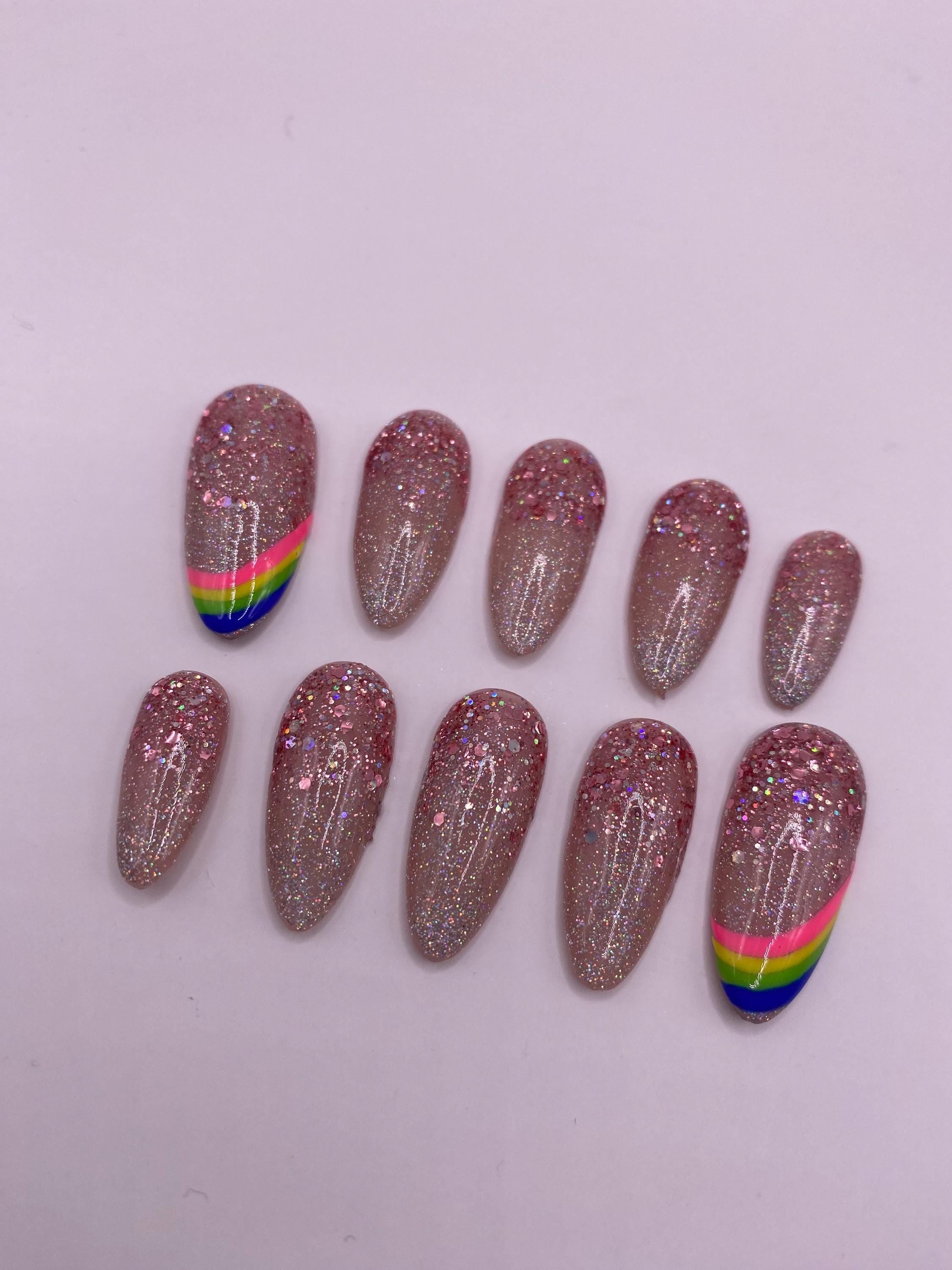 Sparkly press on nail set - party nails - lgbtq - reusable handmade nails - sparkle - glitter -gift for her - rose gold