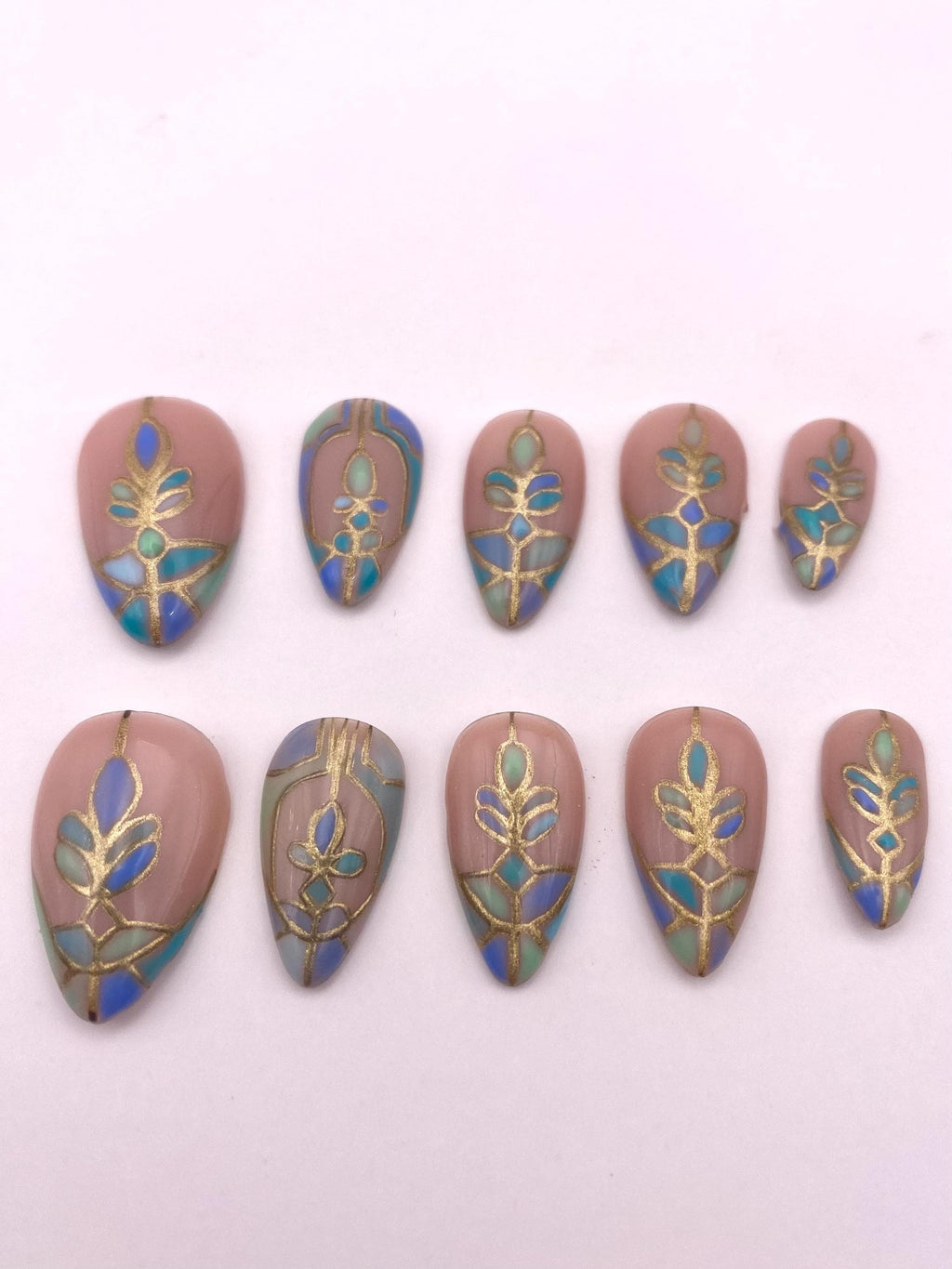 Stained glass press on nails - Gothic green blue fake nails - nail art set - reusable handmade nails - natural press on - gift for her