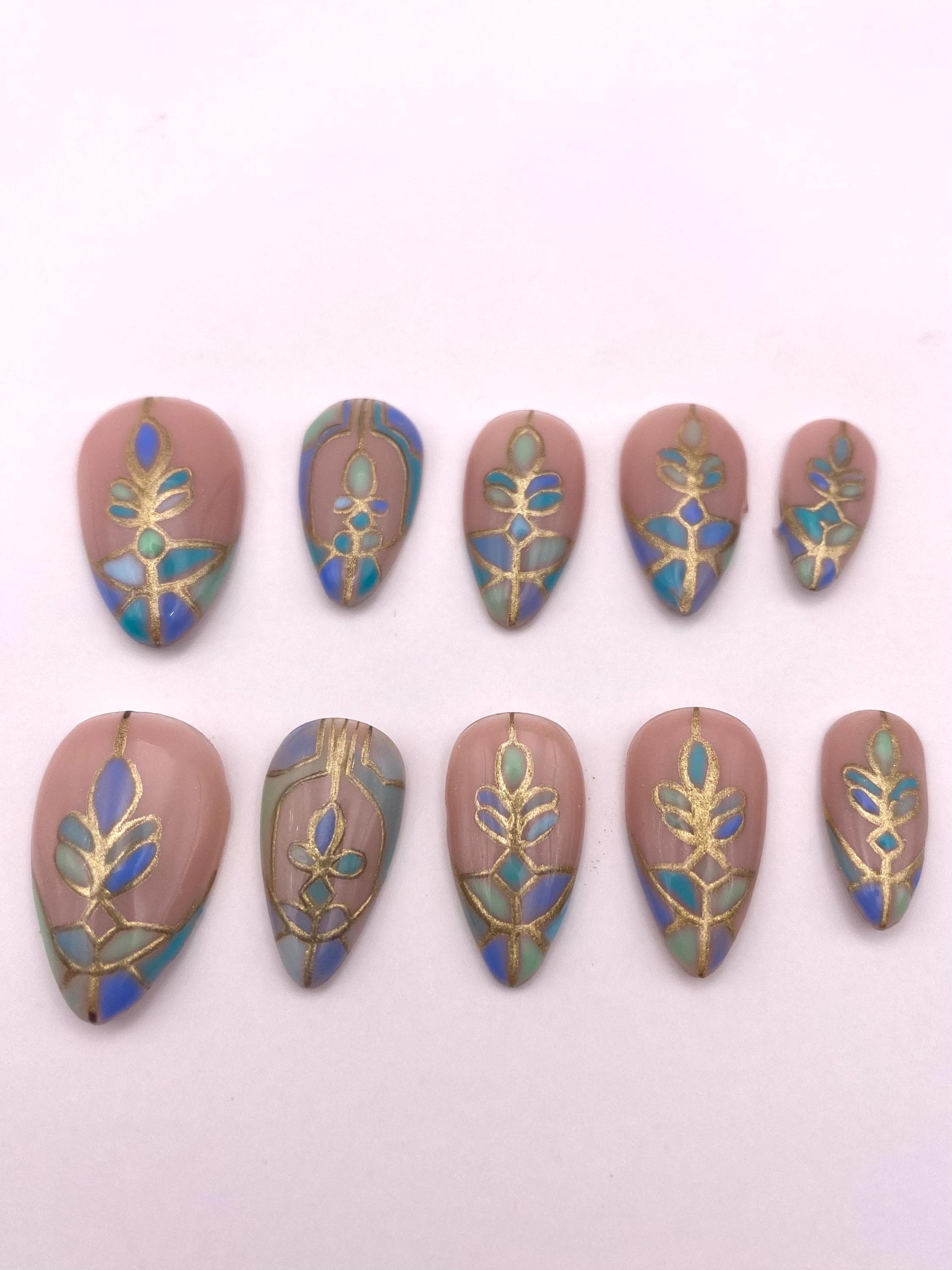 Stained glass press on nails - Gothic green blue fake nails - nail art set - reusable handmade nails - natural press on - gift for her