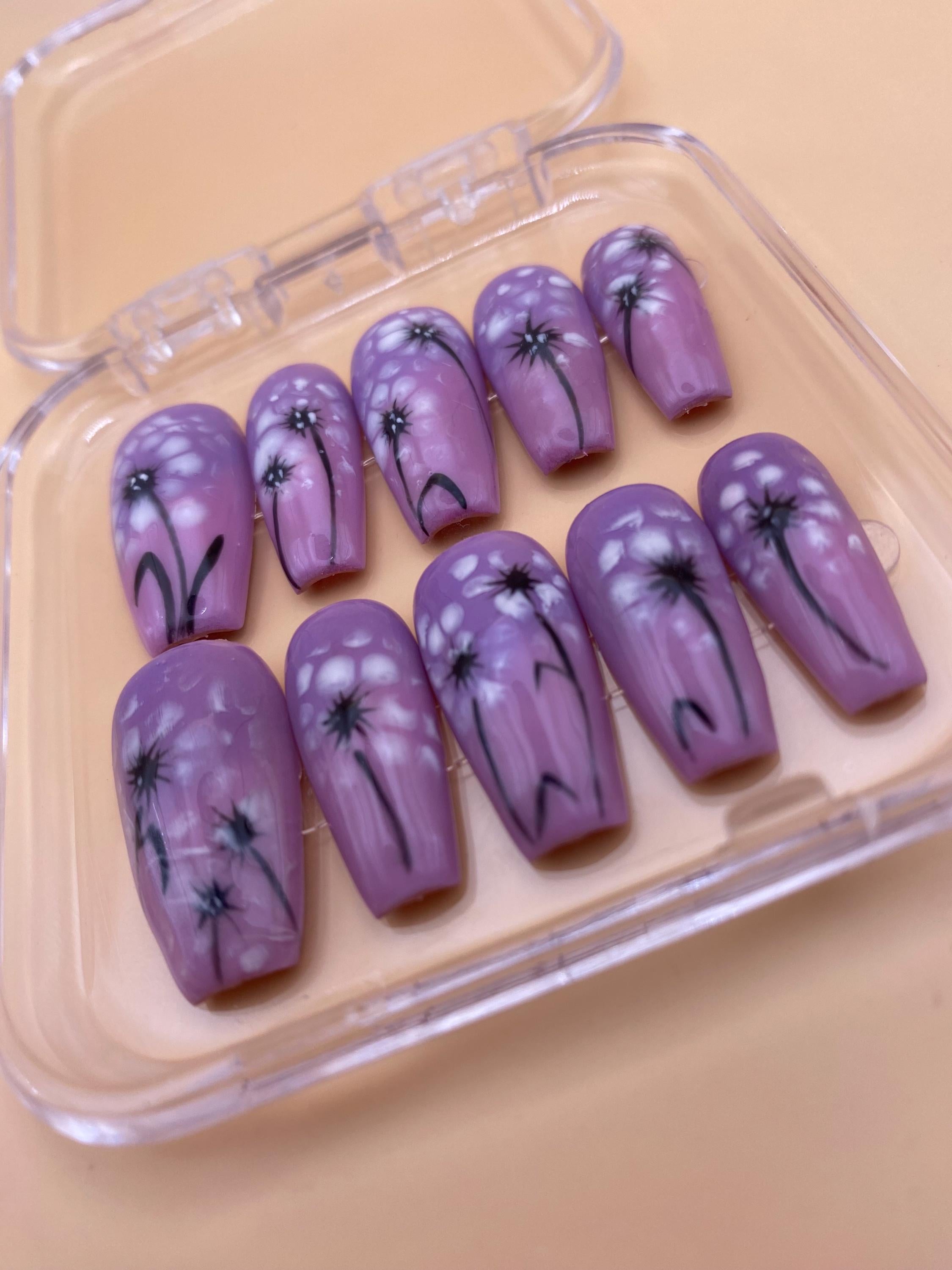 Summer flower press on nails - Garden fake nails - reusable handmade nails - pink purple press ons - gift for her