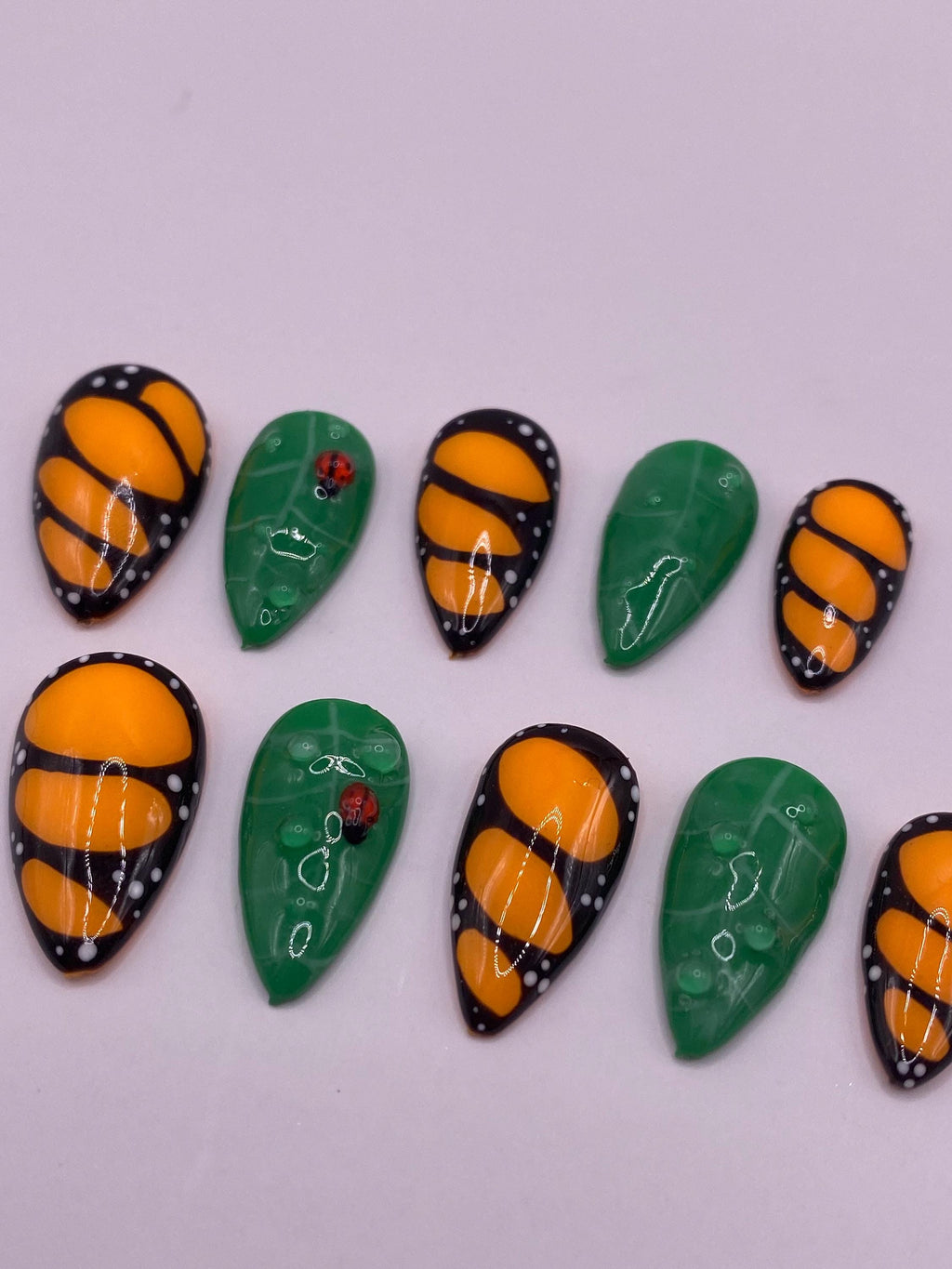 Butterfly wing and ladybird leaf press on nails - Garden fake nails - reusable handmade nails - butterfly press ons - gift for her