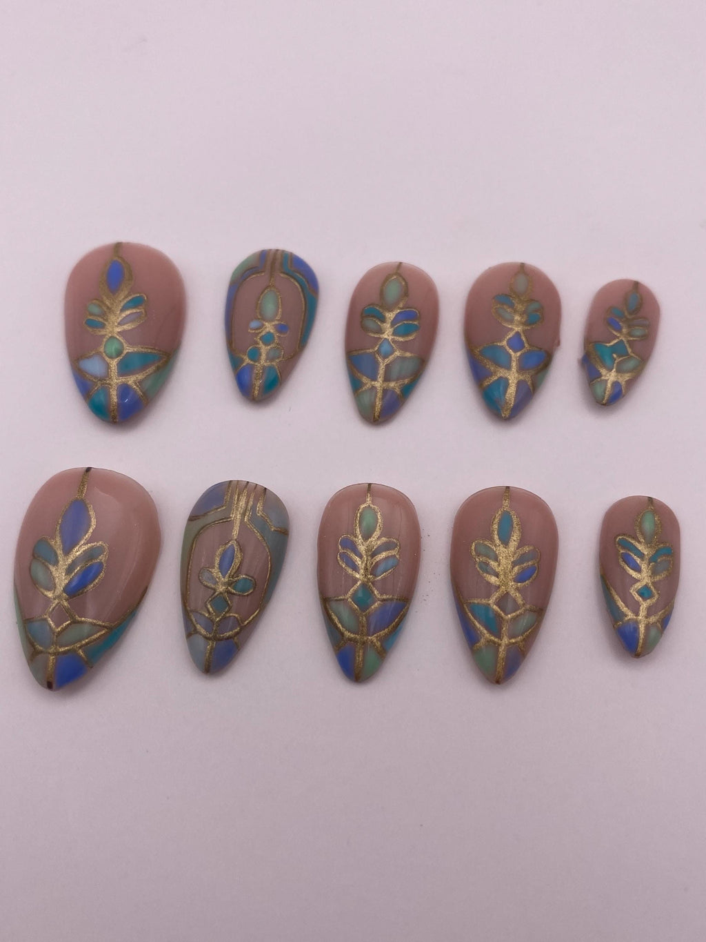 Stained glass press on nails - Gothic green blue fake nails - nail art set - reusable handmade nails - natural press on - gift for her