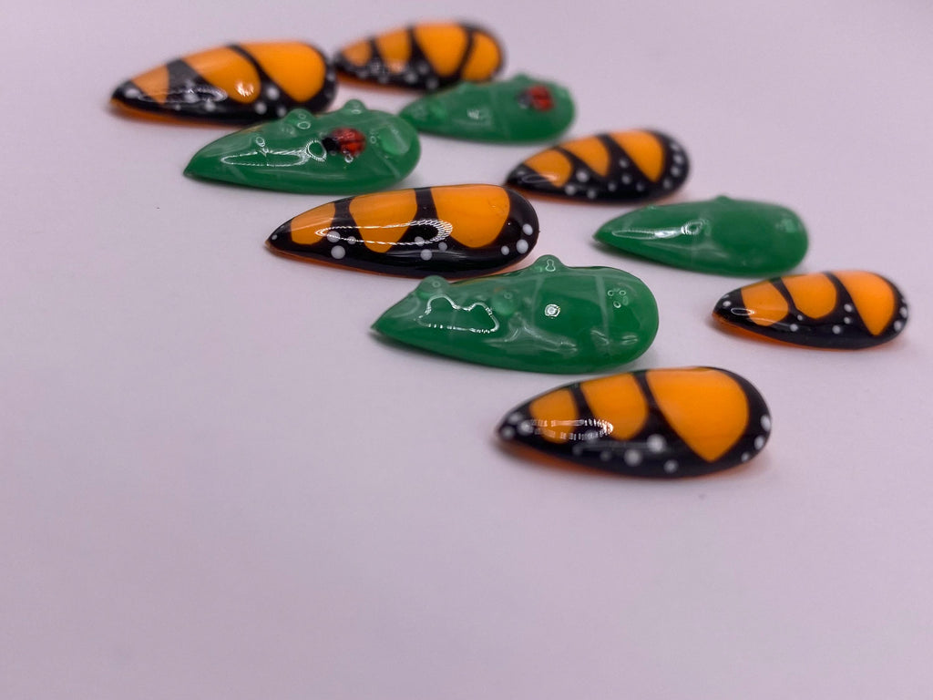 Butterfly wing and ladybird leaf press on nails - Garden fake nails - reusable handmade nails - butterfly press ons - gift for her