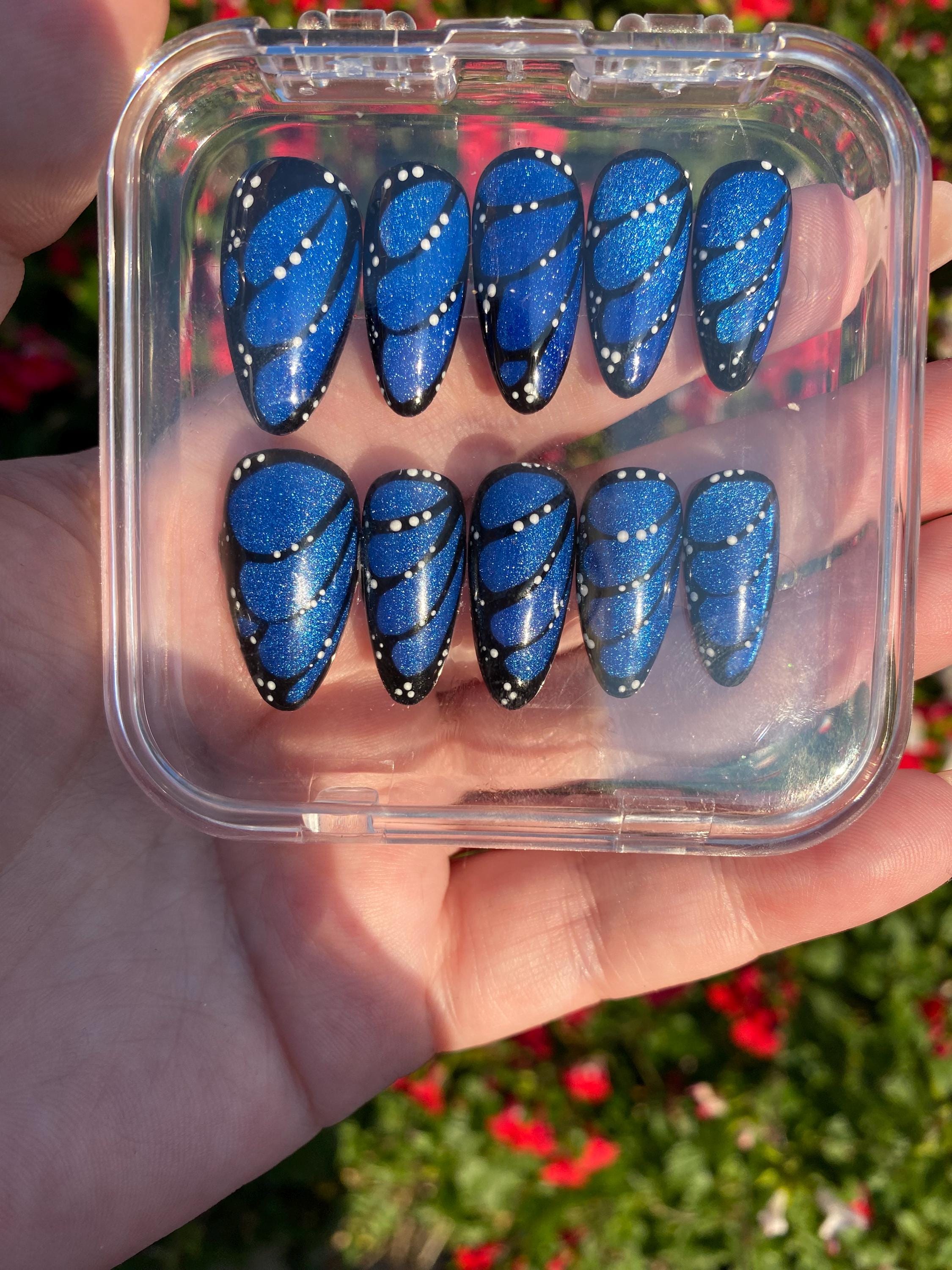 Butterfly wing with cat eye press on nails - magnetic fake nails - reusable handmade nails - butterfly press ons - gift for her