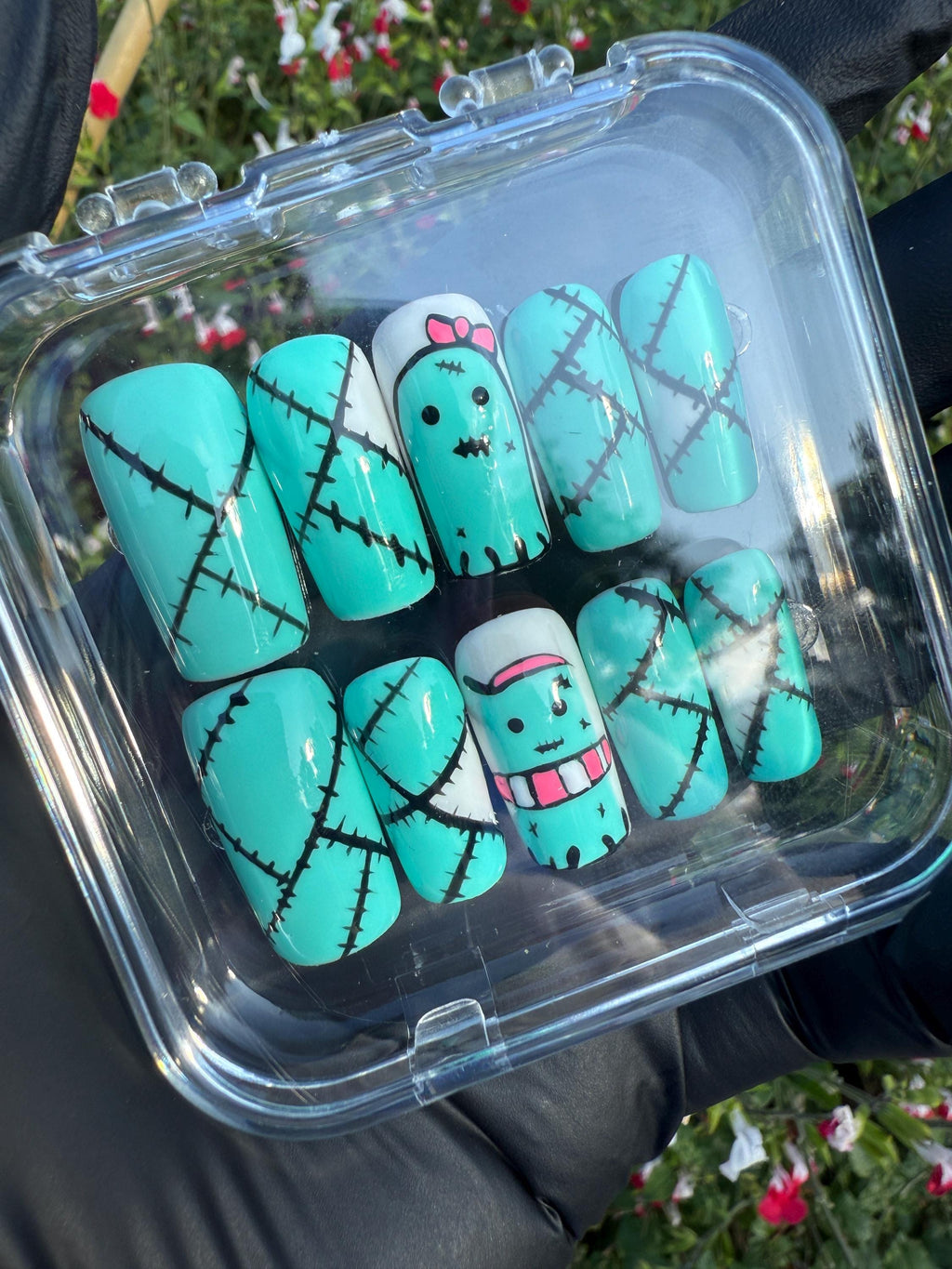 Cute ghost press on nails - aqua blue fake nails - reusable handmade nails - cute press ons - gift for her