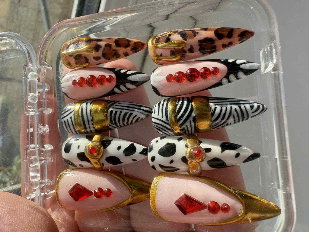 Safari Glam Press On Nails – Mixed Animal Print with Gold Accents & Red Crystals – Long Stiletto Luxury Nail Set -Gifts for her