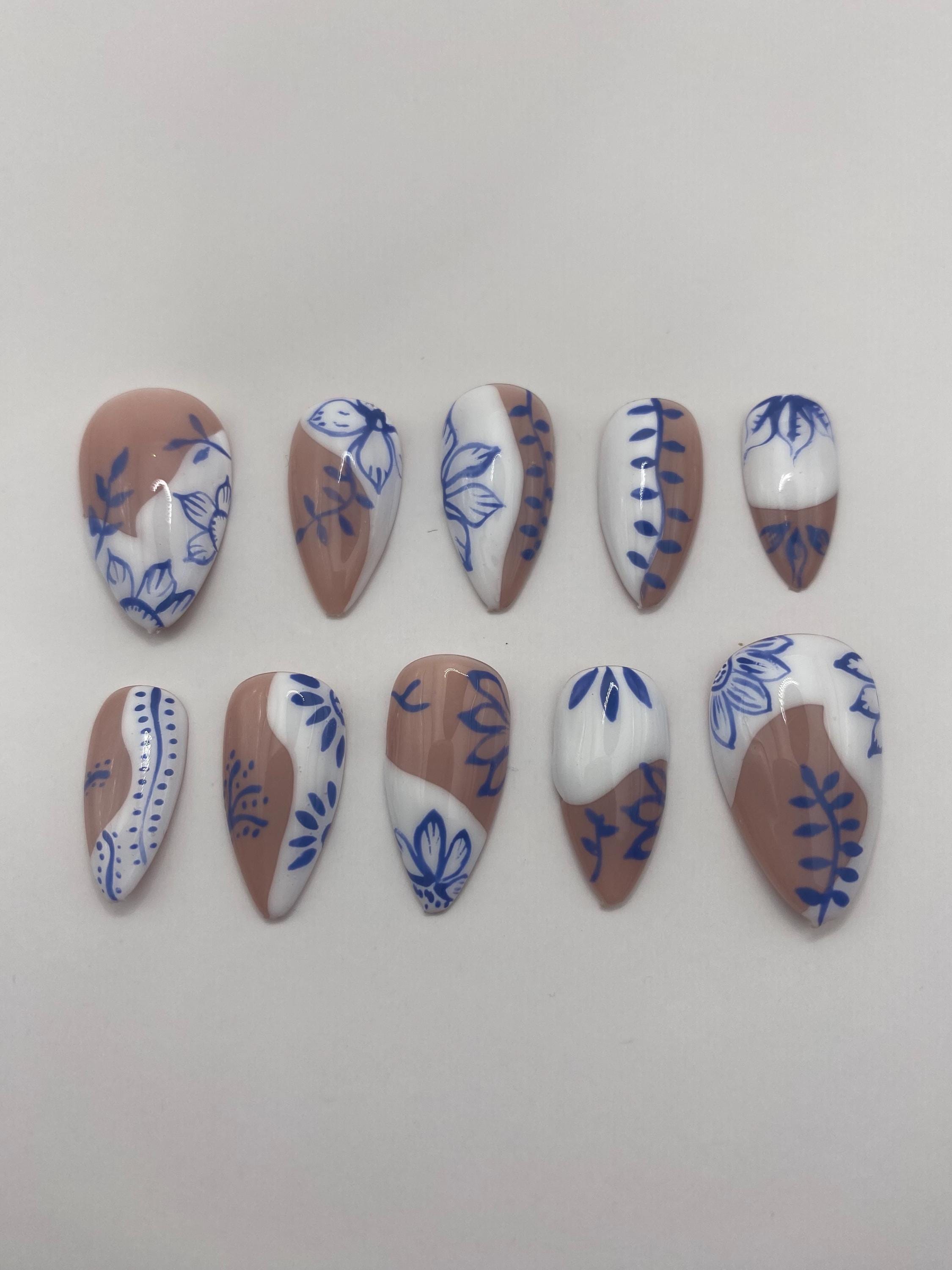 Moroccan inspired press on nails - Santorini nails- holiday nails - gifts for her - white and blue nails