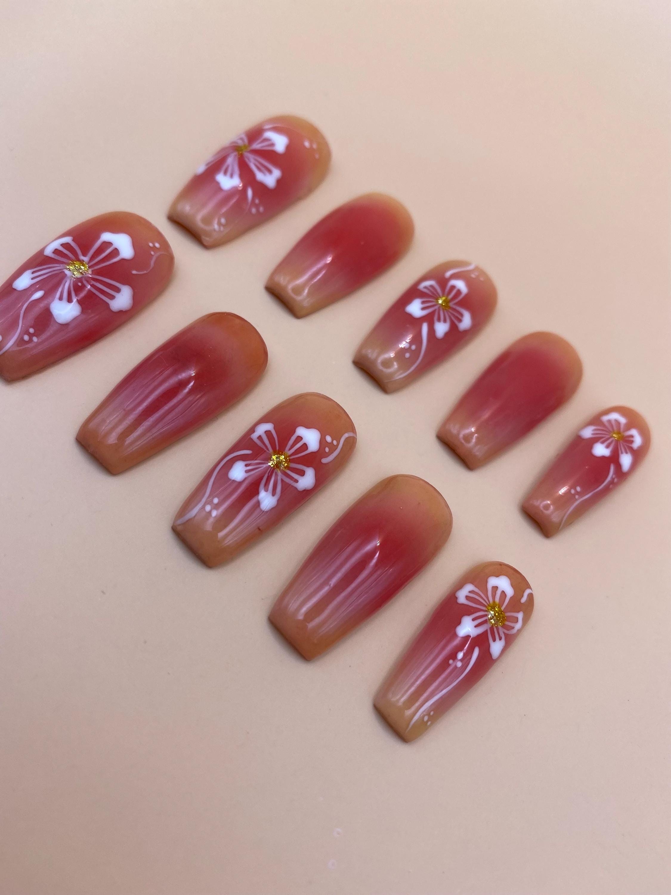 Summer coral flower press on nails - Hibiscus flower fake nails - reusable handmade nails - bright summer press ons - gift for her