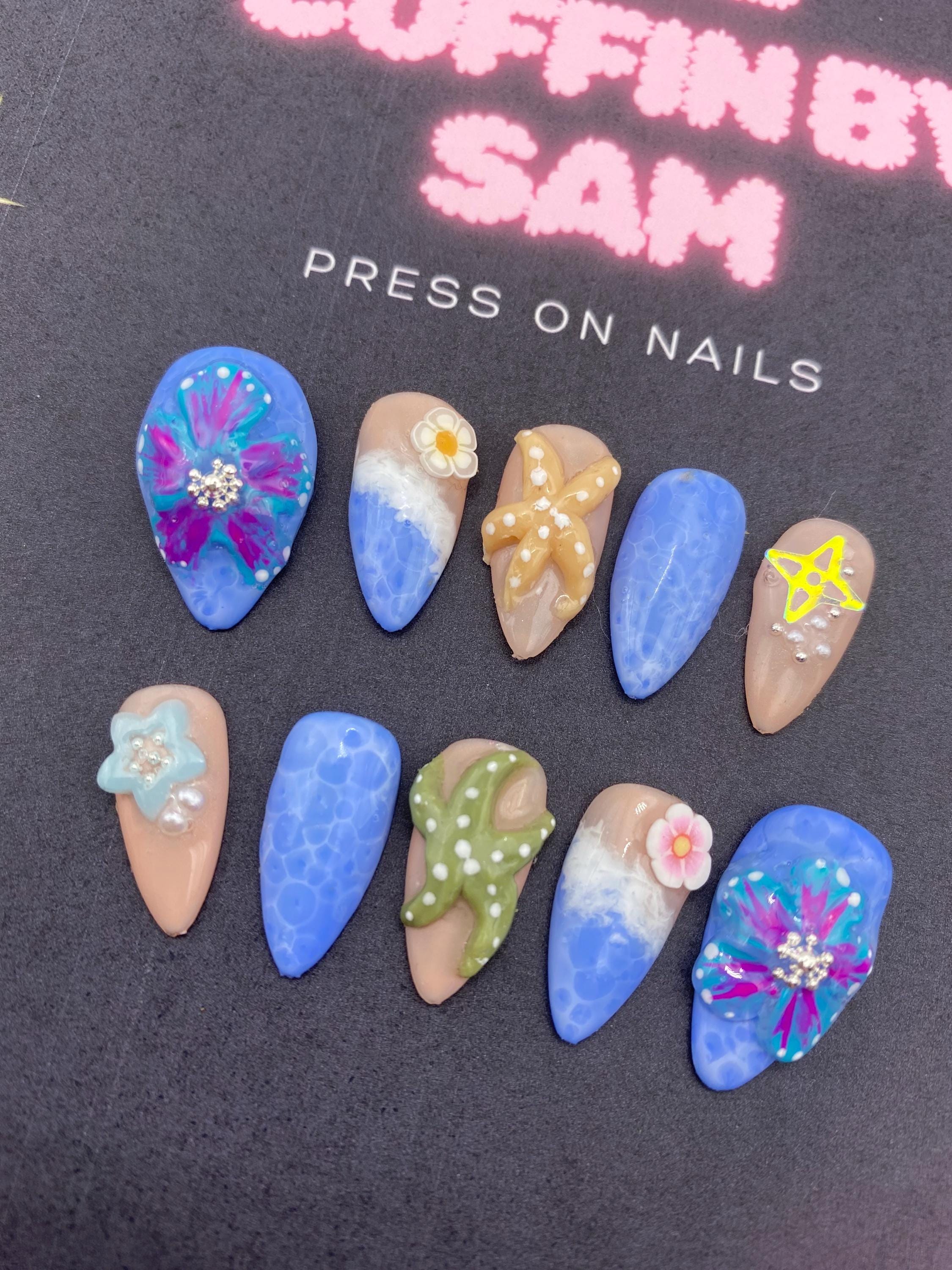 4d 3d press on nails - beach - holiday - sea life -unique nails - blue - starfish - flowers