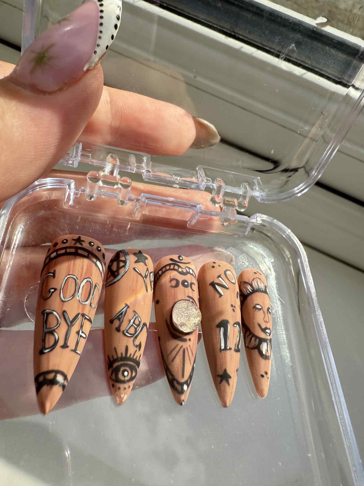 Ouija Board Inspired Press-On Nails – Gothic Black, White Nail Set with Occult & Spirit Designs – Reusable False Nails - gifts for her