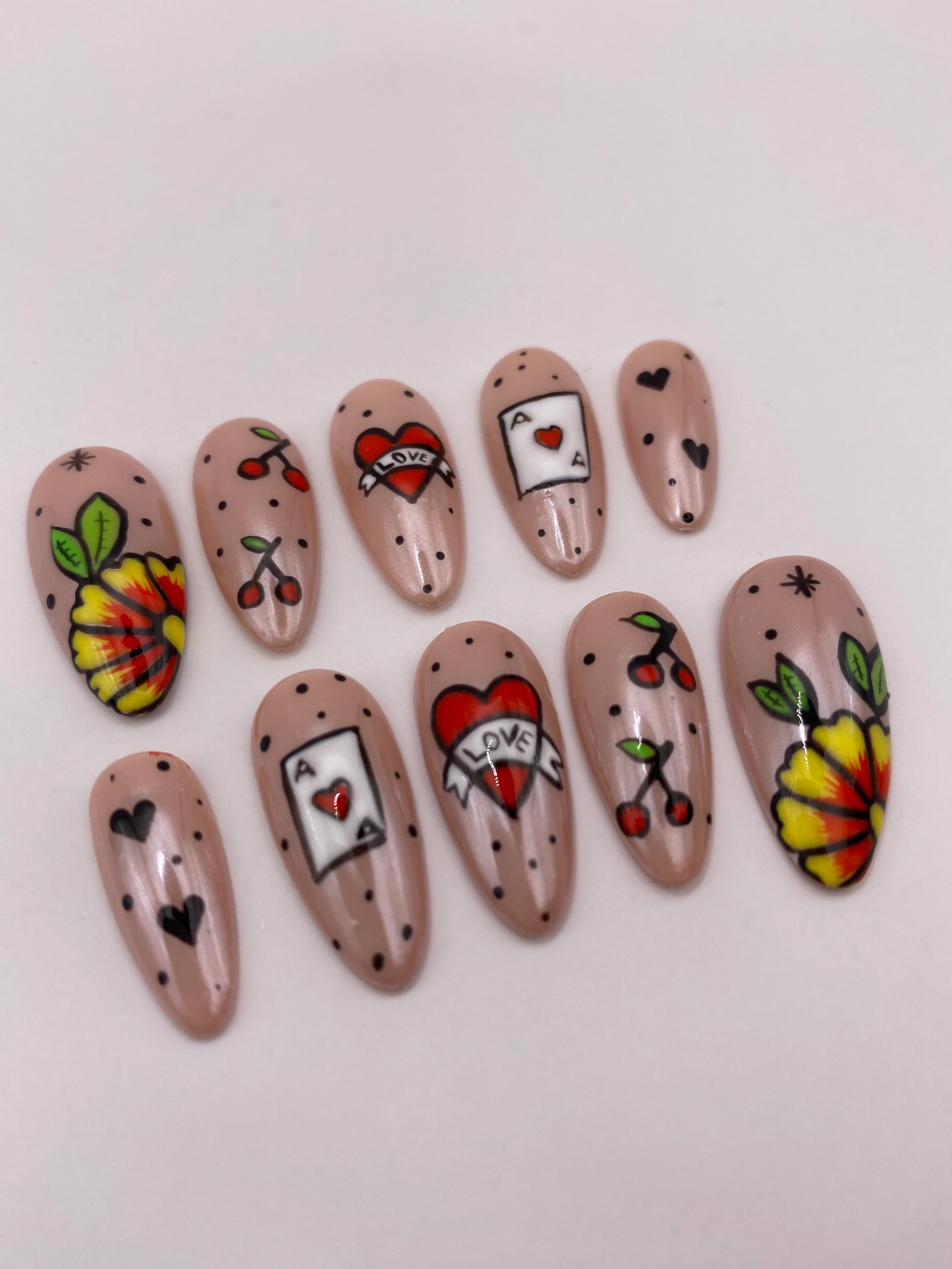Tattoo inspired press on nail set - beige - gift for her - unique gift - red - fake nails - unique design - chrome
